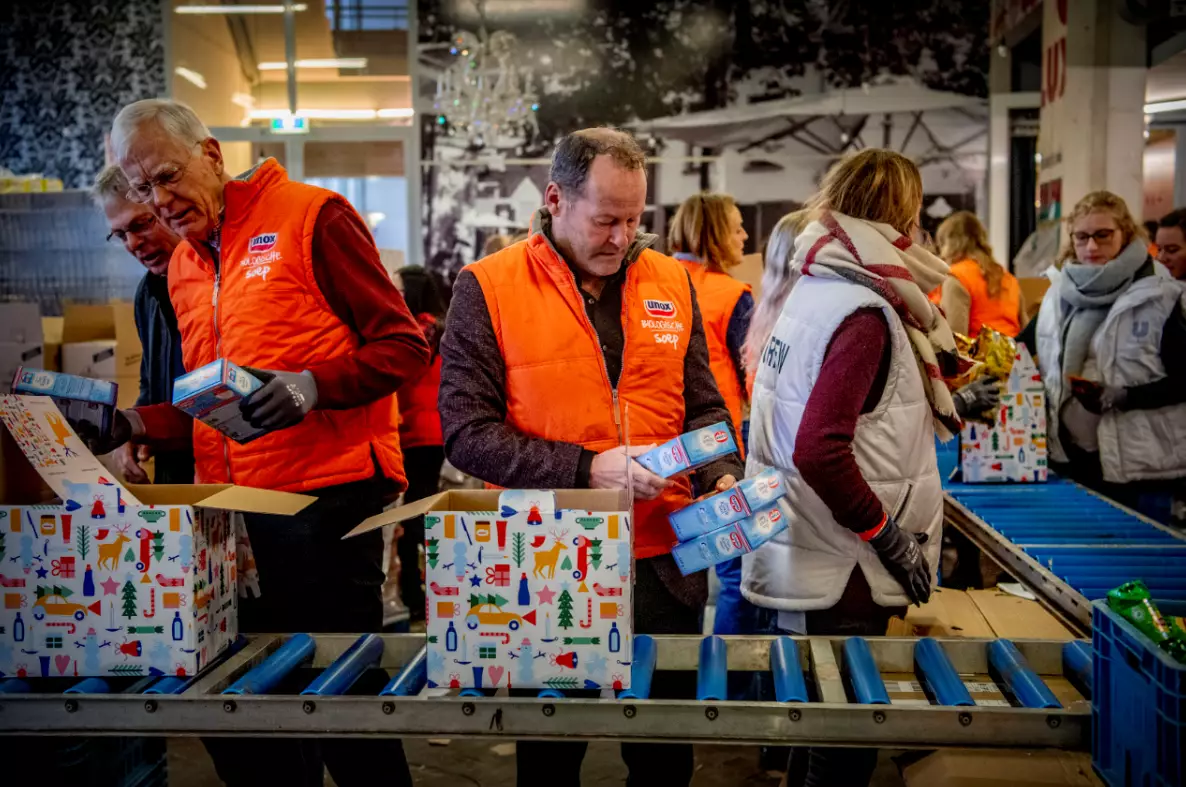 Food bank parcels being packaged in Rotterdam.