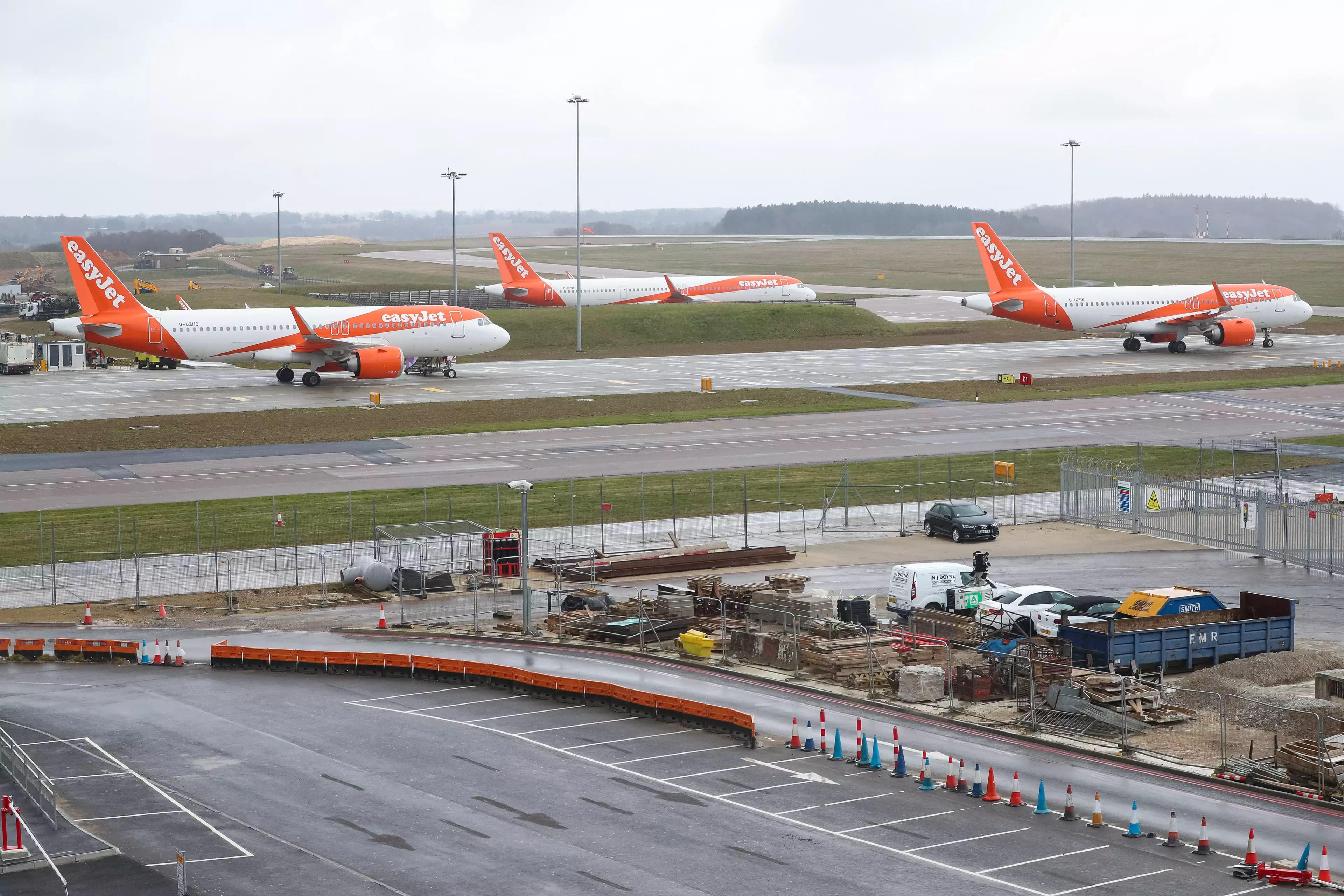EasyJet planes sit on the tarmac at Luton Airport in Bedfordshire.
