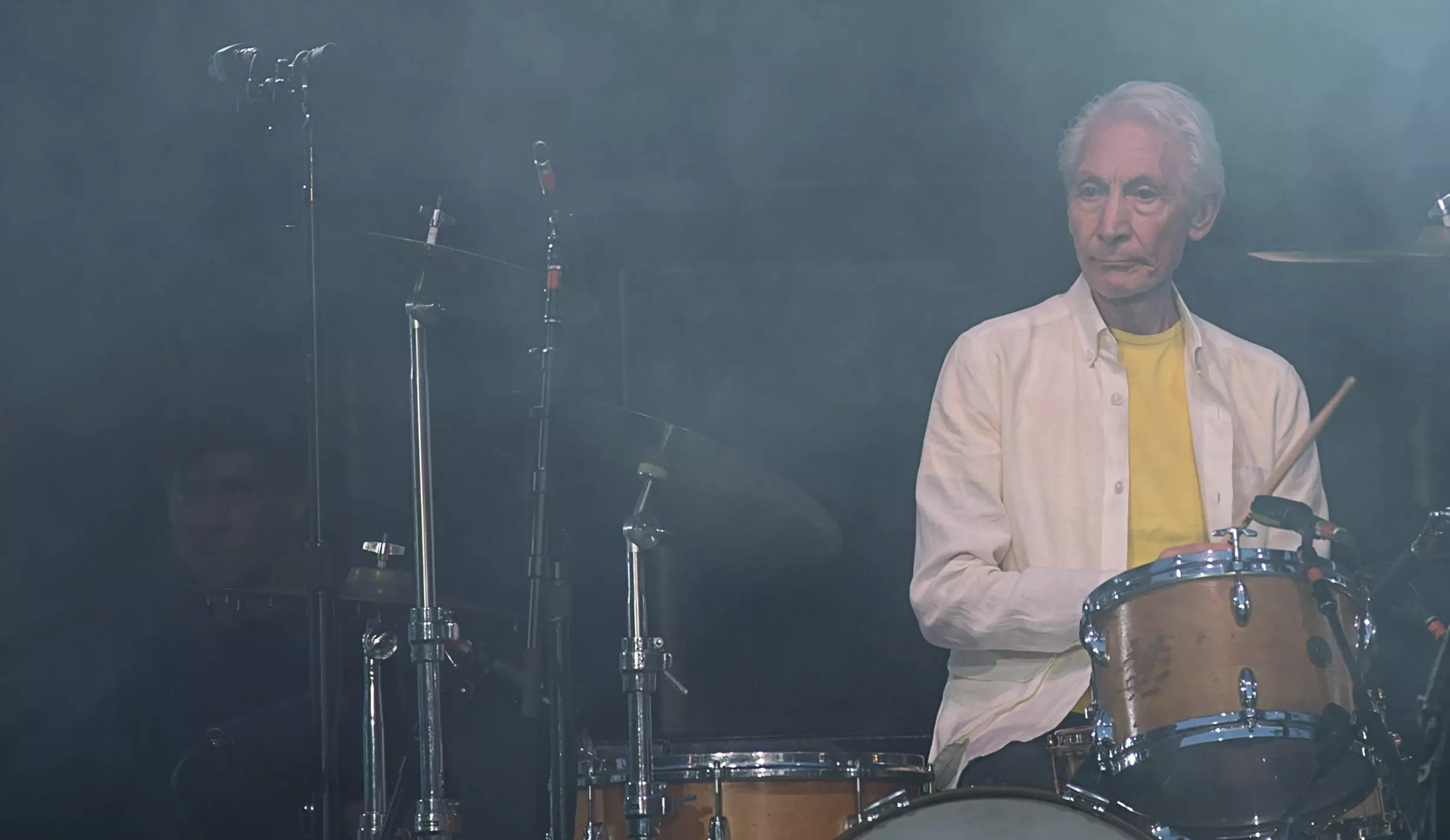 Charlie Watts on stage at a concert by the Rolling Stones during their European tour in 2018.