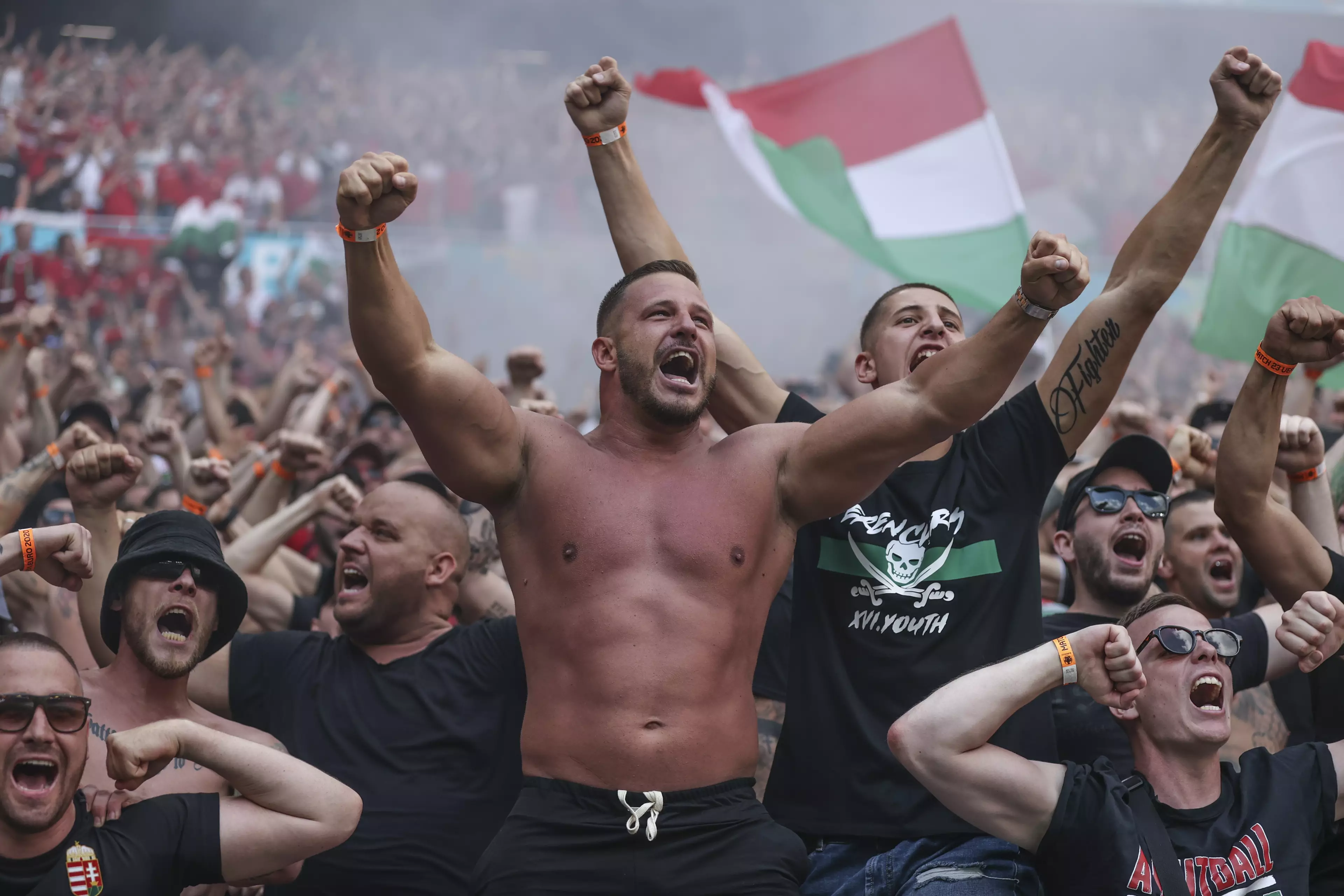 Hungary fans celebrate Fiola's opener. Image: PA Images
