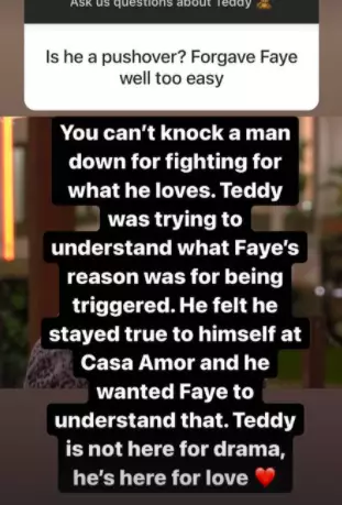 Faye has since apologised for her outburst but some fans think Teddy forgave her too quickly (