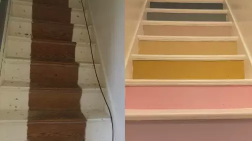 Woman Creates Incredible Rainbow Stairs Using Tester Pots Of Paint 