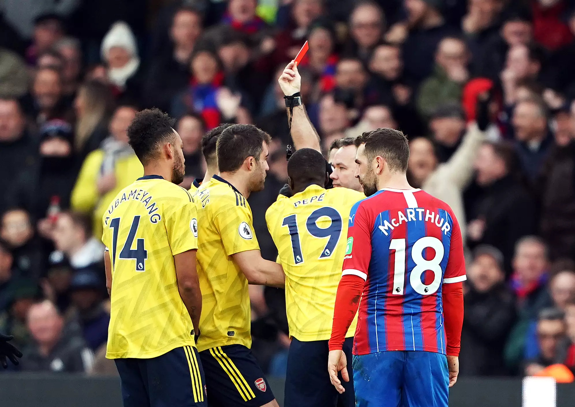 Pierre-Emerick Aubameyang sees red against Crystal Palace. Image: PA Images