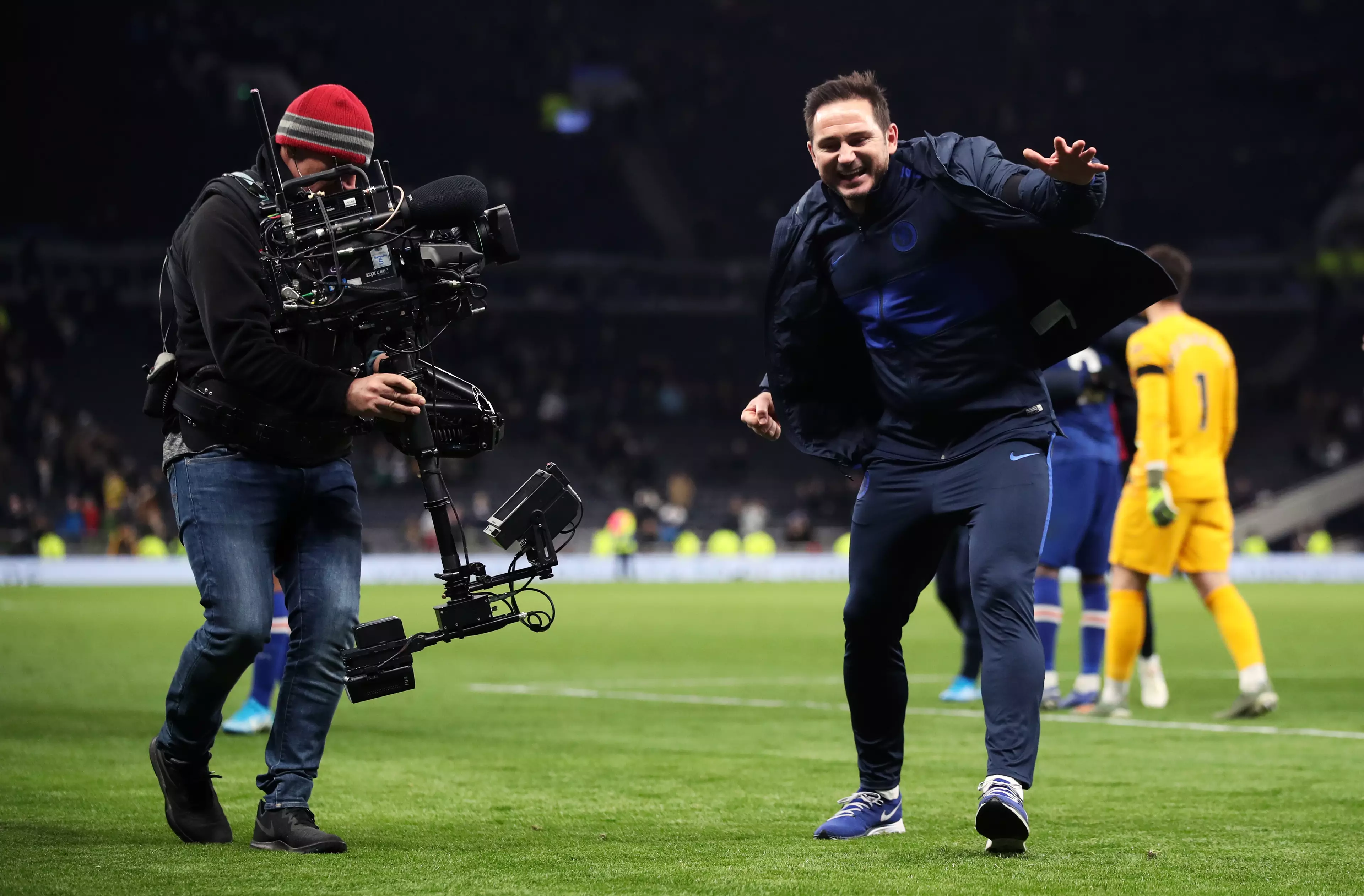 Lampard celebrates beating his former boss during the controversial match. Image: PA Images