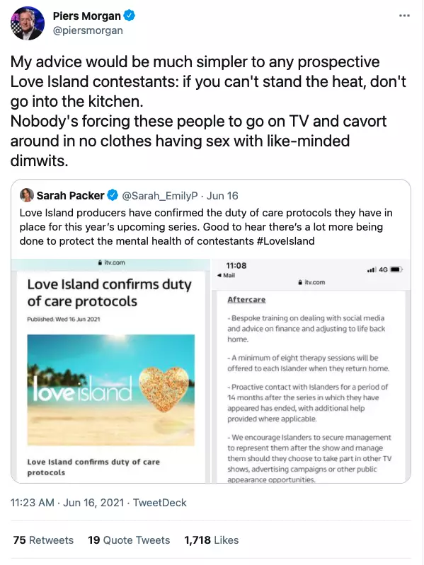 Piers Morgan lashes out at Love Island care package on Twitter (