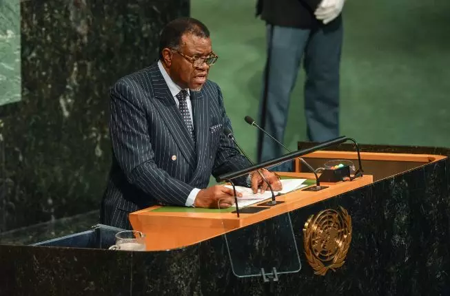 Hage Geingob giving his speech at the United Nations