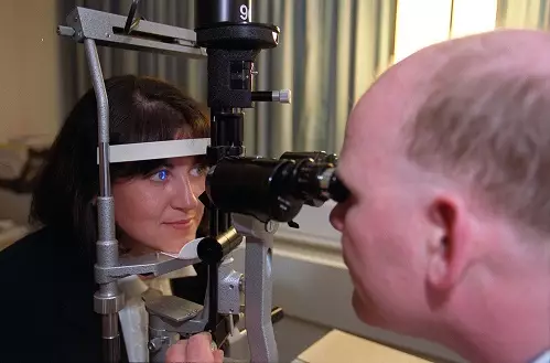A patient has their eyes tested at Moorfields Eye Hospital.