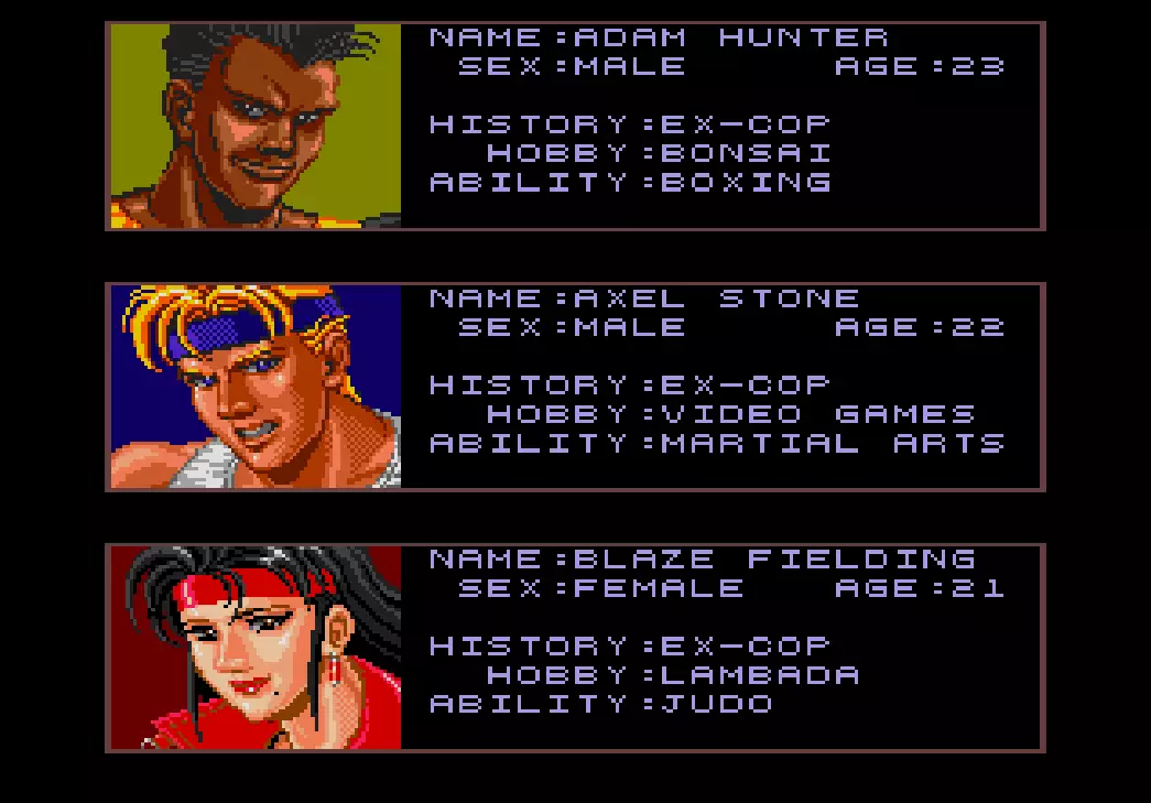 The three playable characters of Streets of Rage /