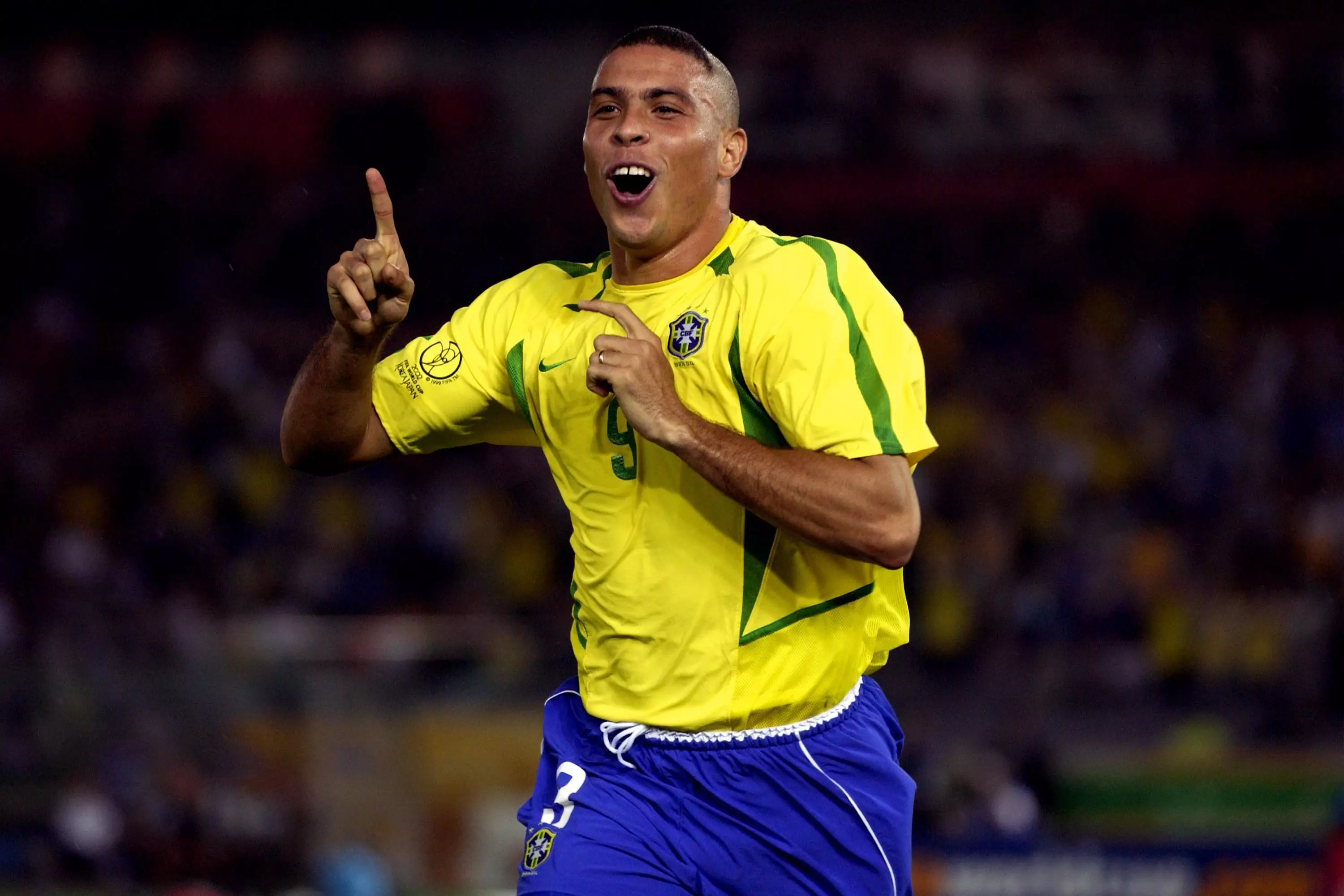 Ronaldo celebrates scoring his first in the 2002 final against Germany. Image: PA Images