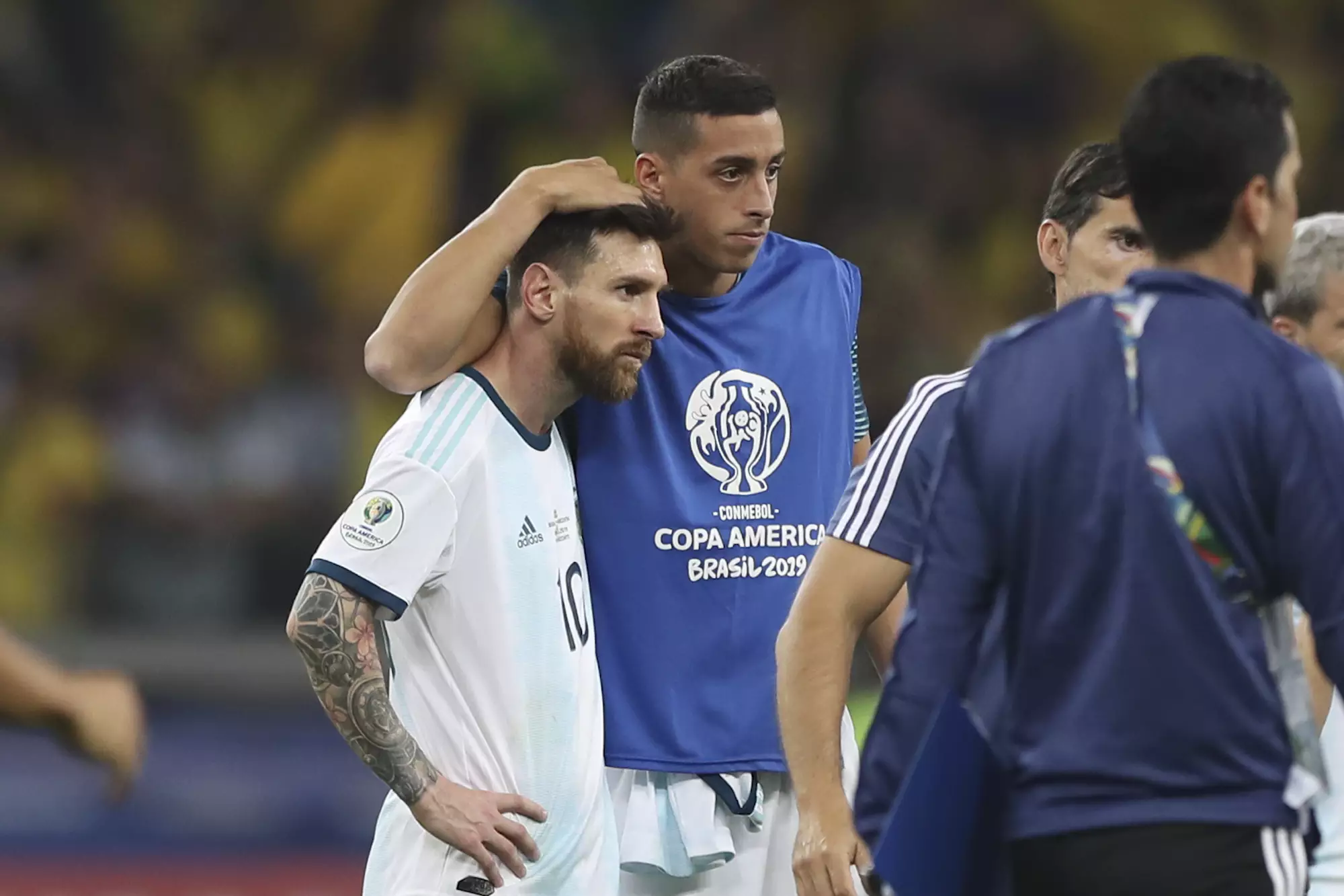 Messi consoled at the end of the Copa America semi-final. Image: PA Images