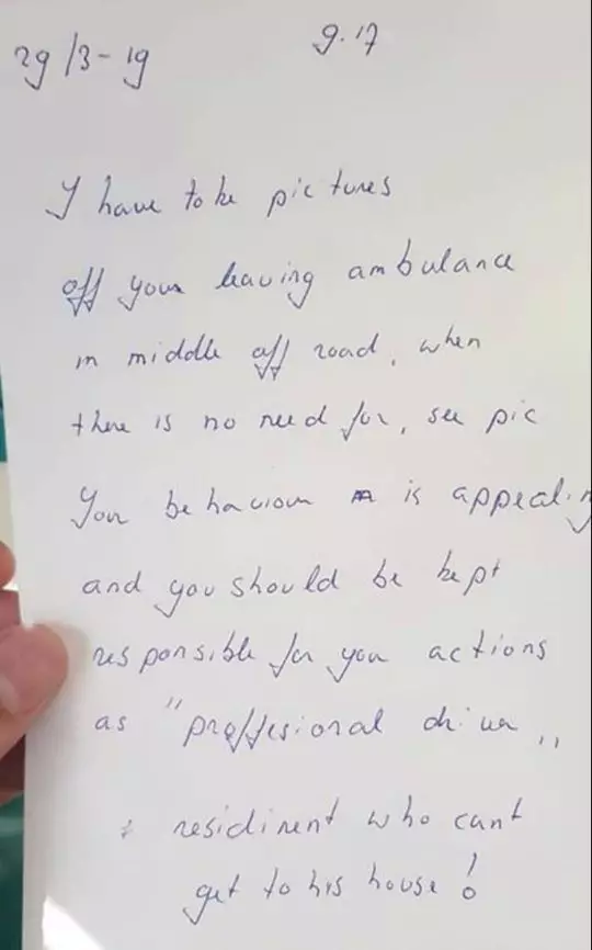 The letter was left by a neighbour who was unable to get into their home while he was treating a patient.