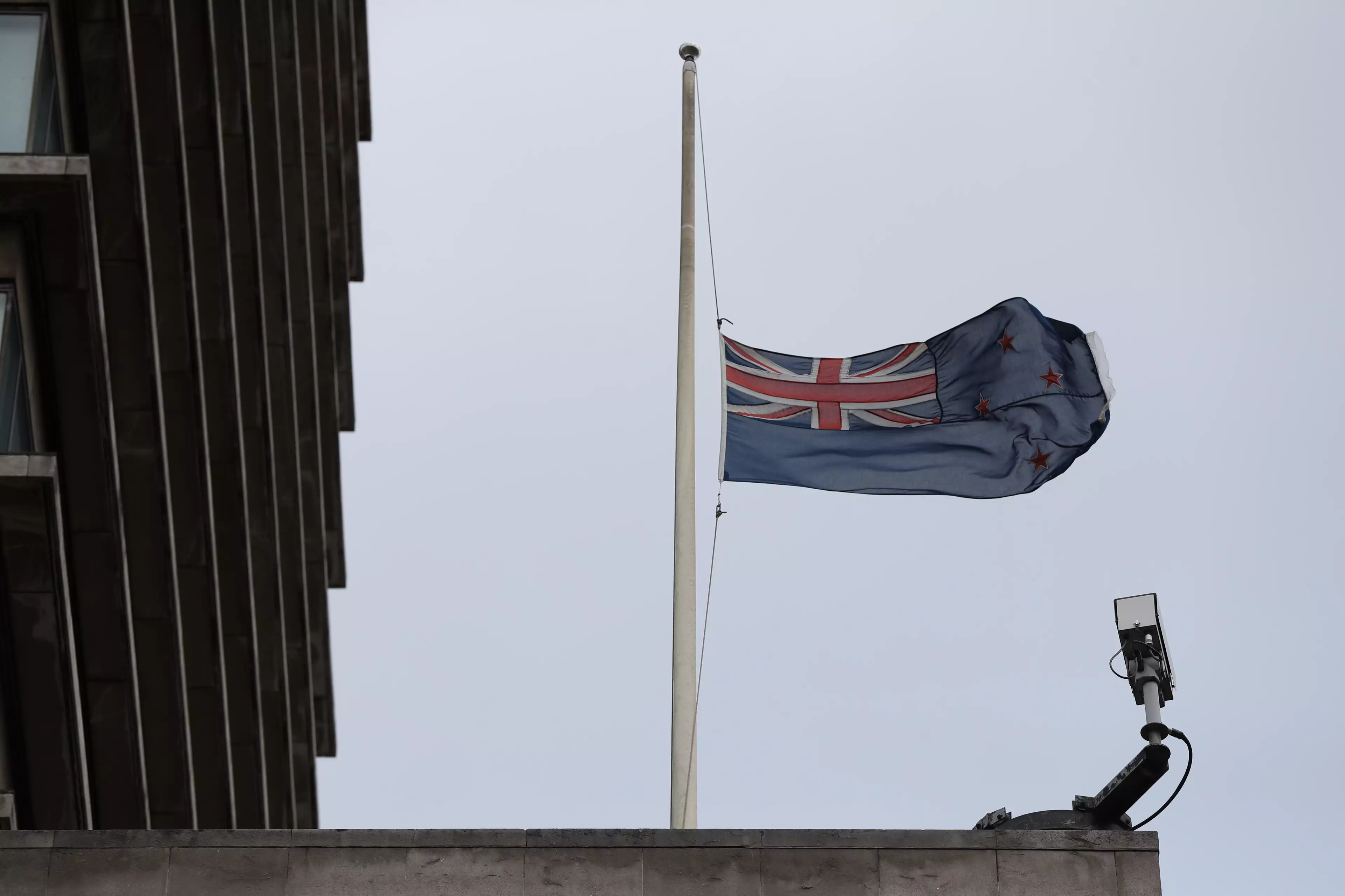 The flag flies at haft mast on the New Zealand High Commission in London.