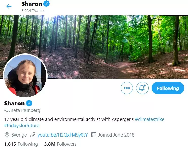 Thunberg changed her name on Twitter to 'Sharon'.