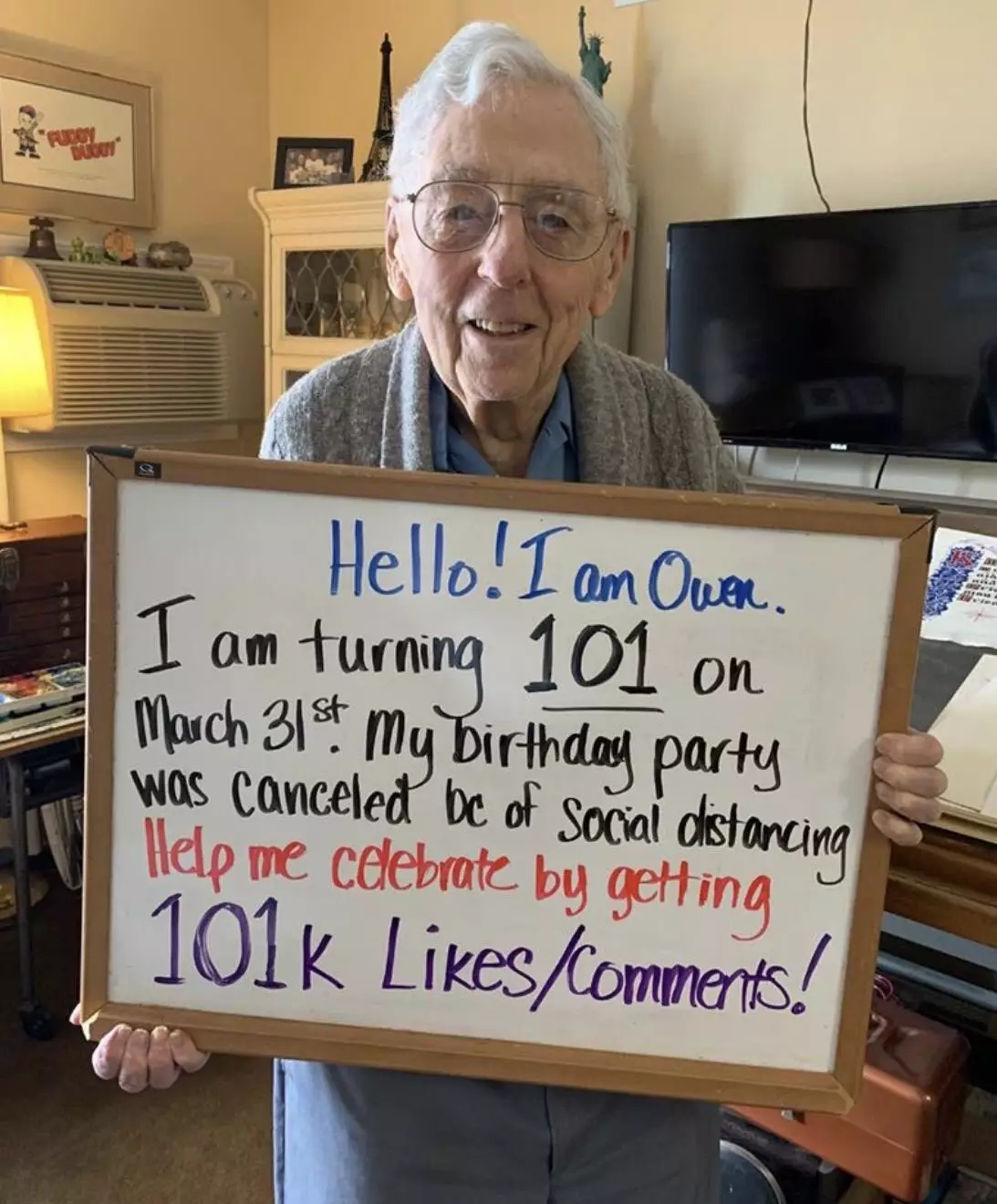Owen had to cancel his 101st birthday party due to the coronavirus outbreak.