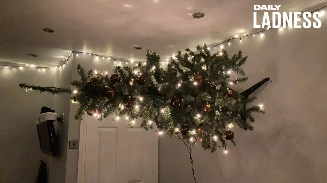 Guy Pranks His Mum By Nailing Christmas Tree To The Wall Sideways 