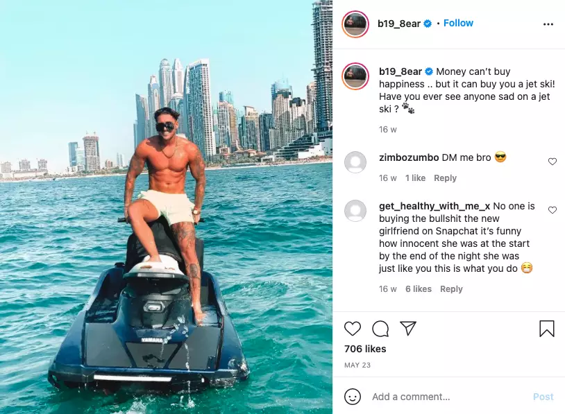 Stephen Bear posing with his new jet ski on Instagram. (
