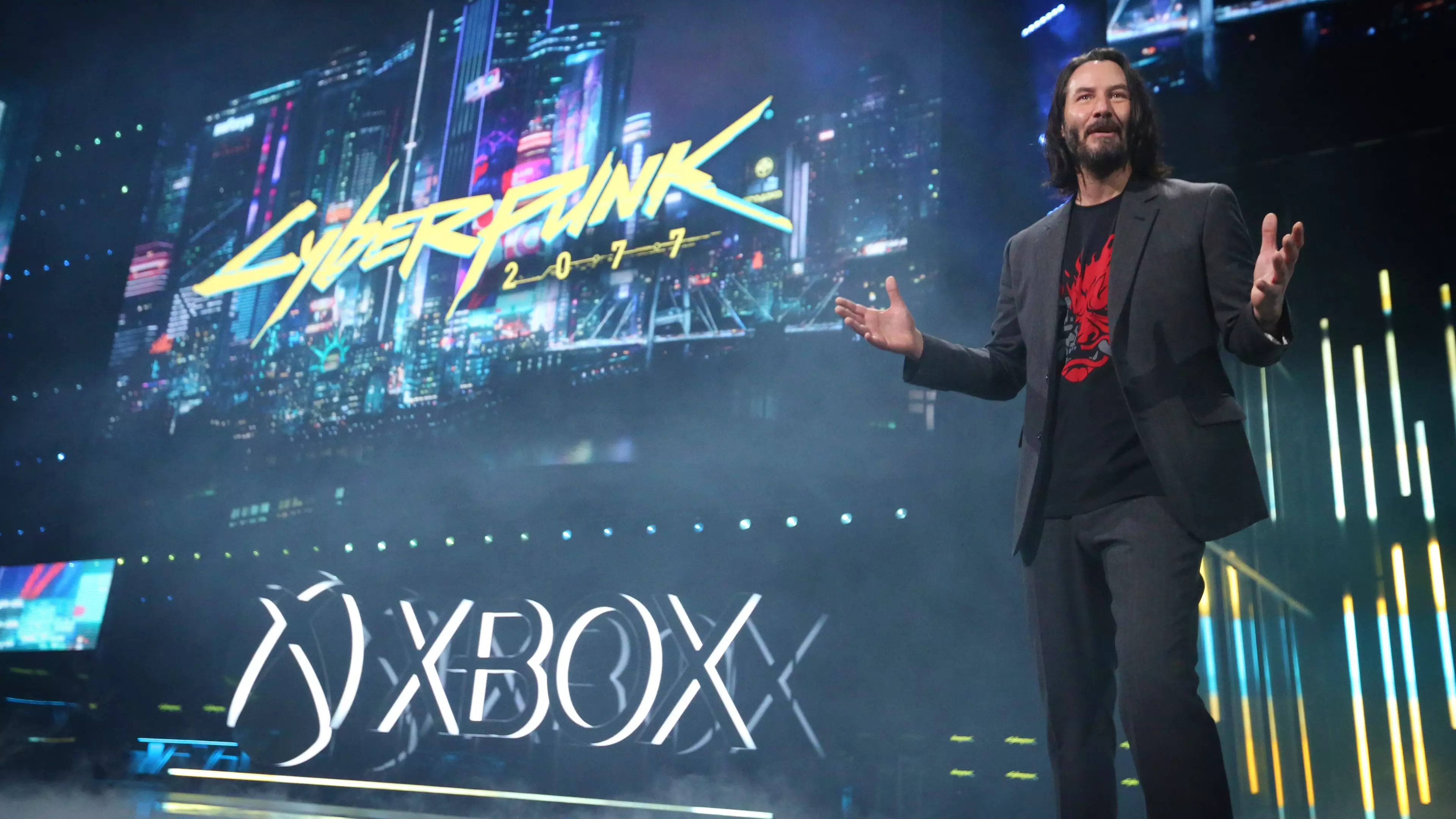 Keanu Reeves presenting the Cyberpunk 2077 reveal trailer for CD Projekt Red /