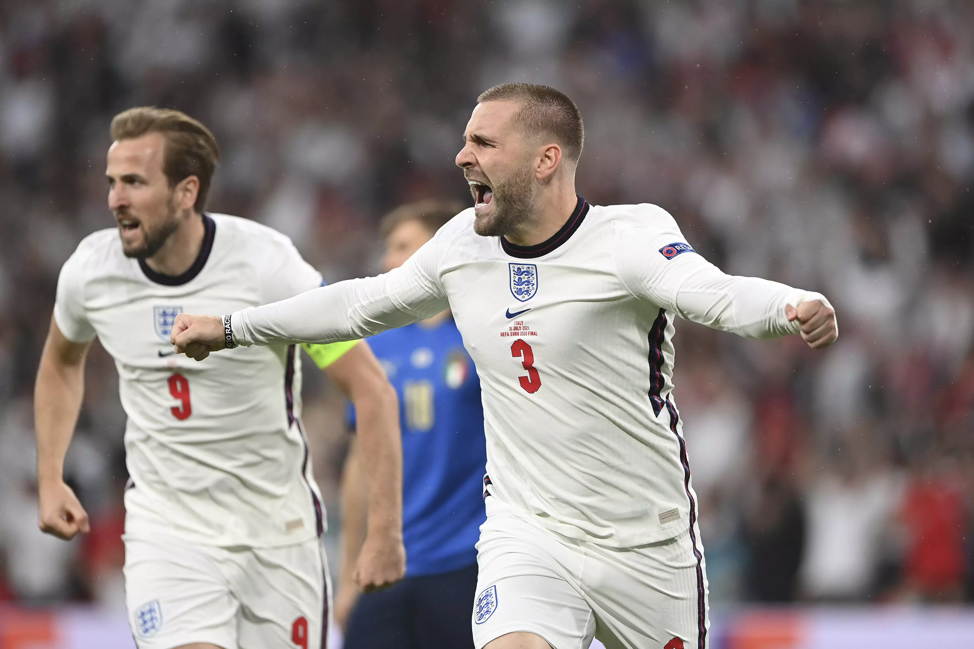 Shaw celebrates scoring during the Euro 2020 final. Image: PA Images
