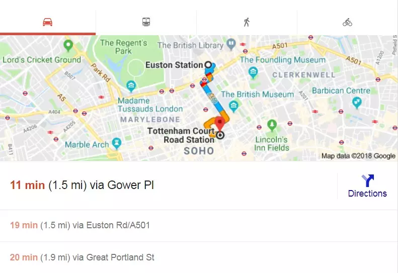 Google Maps Route From London Euston to Tottenham Court Road.