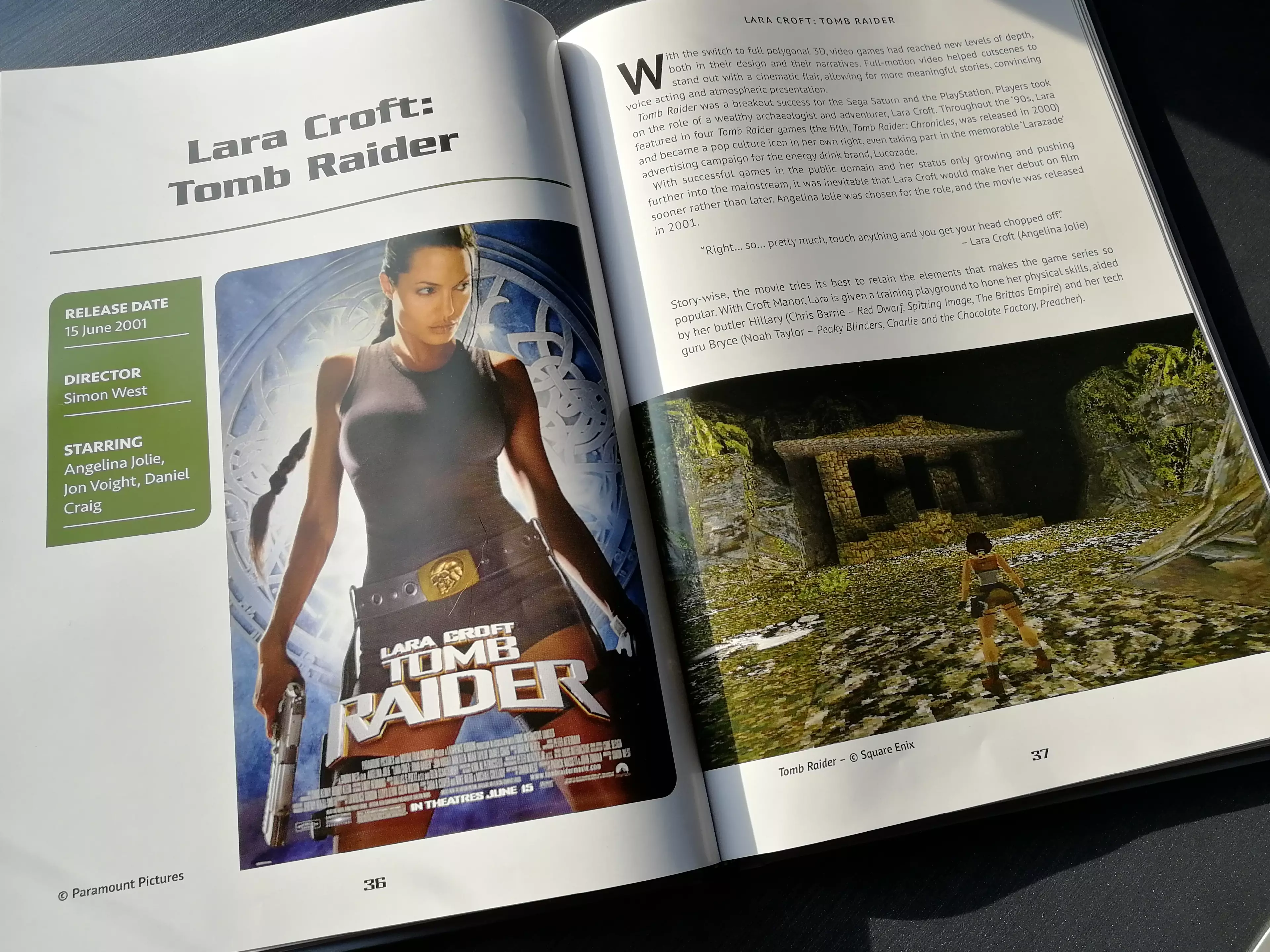 Each chapter relates the movie to the game that inspired it, as seen here with Tomb Raider /