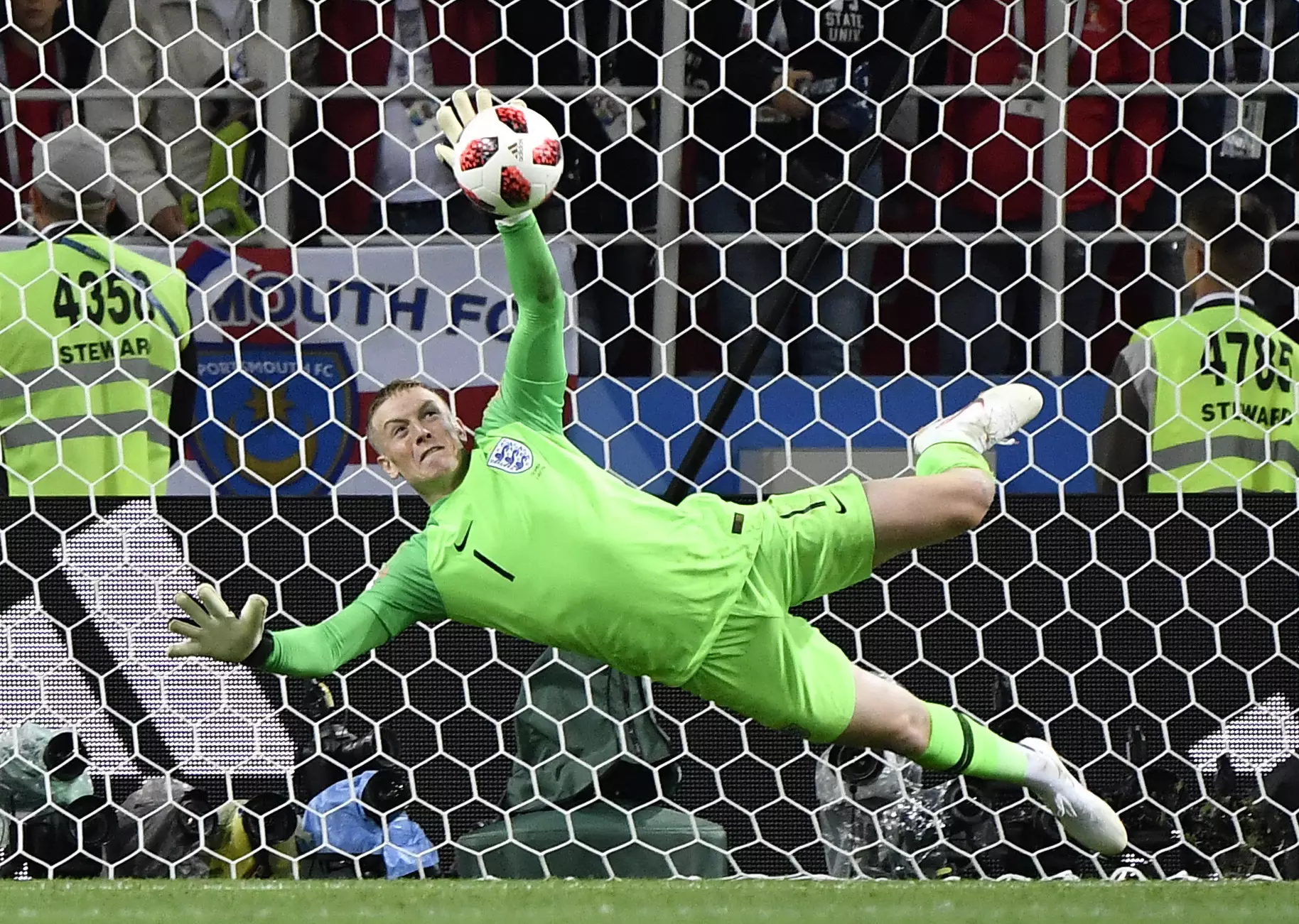 Jordan Pickford saving a penalty against Colombia in Moscow (Image