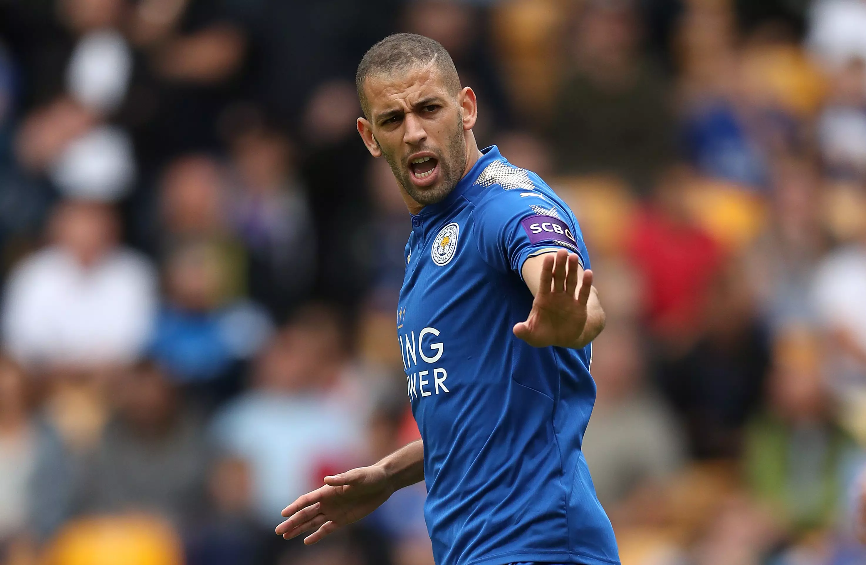 Slimani in action for the Foxes. Image: PA
