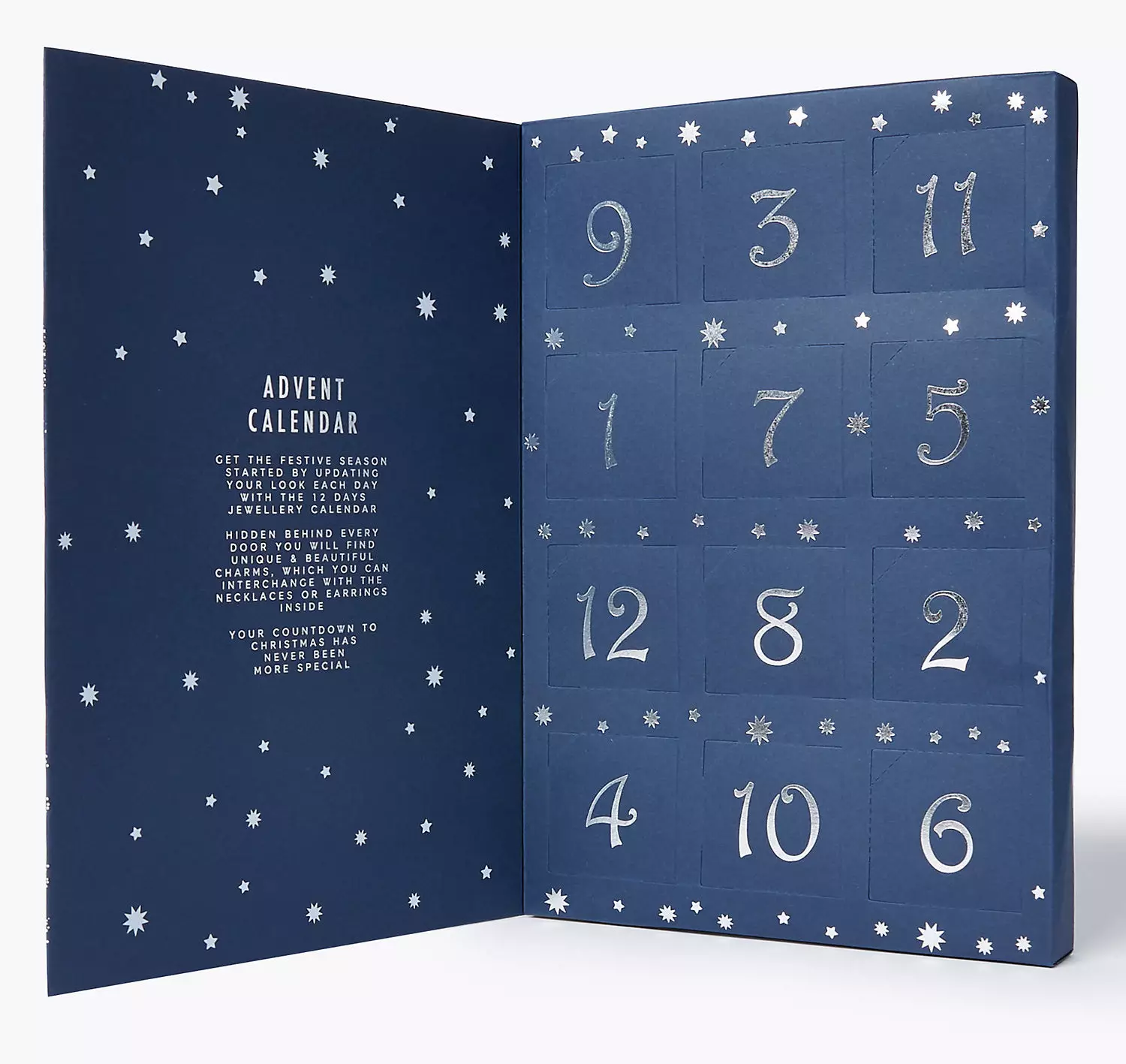 The pieces are housed in an inky-blue box patterned with silver stars. (