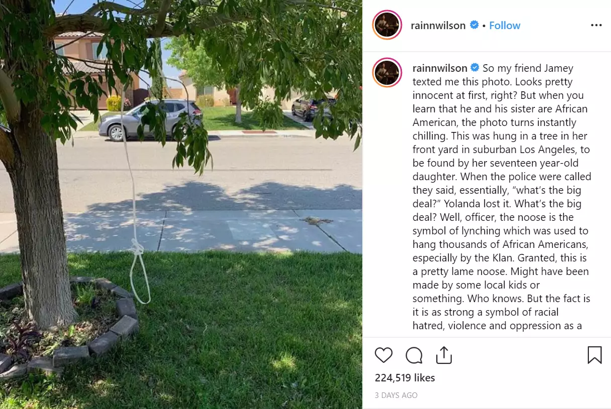 Rainn Wilson shared a picture on Instagram of a noose hung in a black family's garden.
