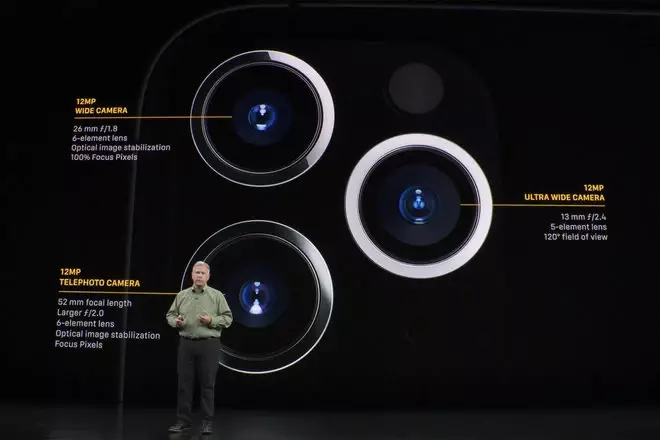 A still from the launch of the iPhone 11 explaining the three cameras.