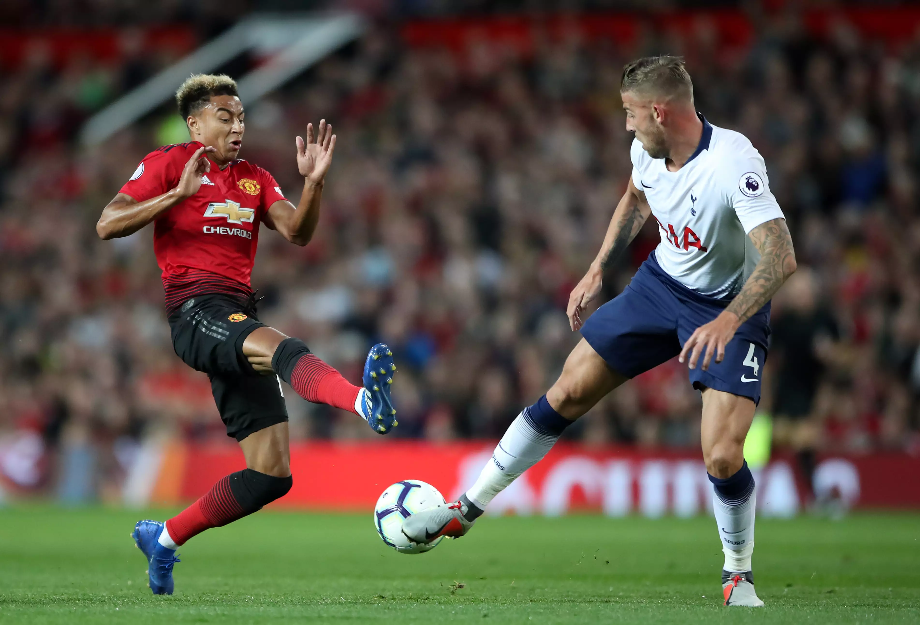 Alderweireld stops Jesse Lingard in the recent game. Image: PA Images