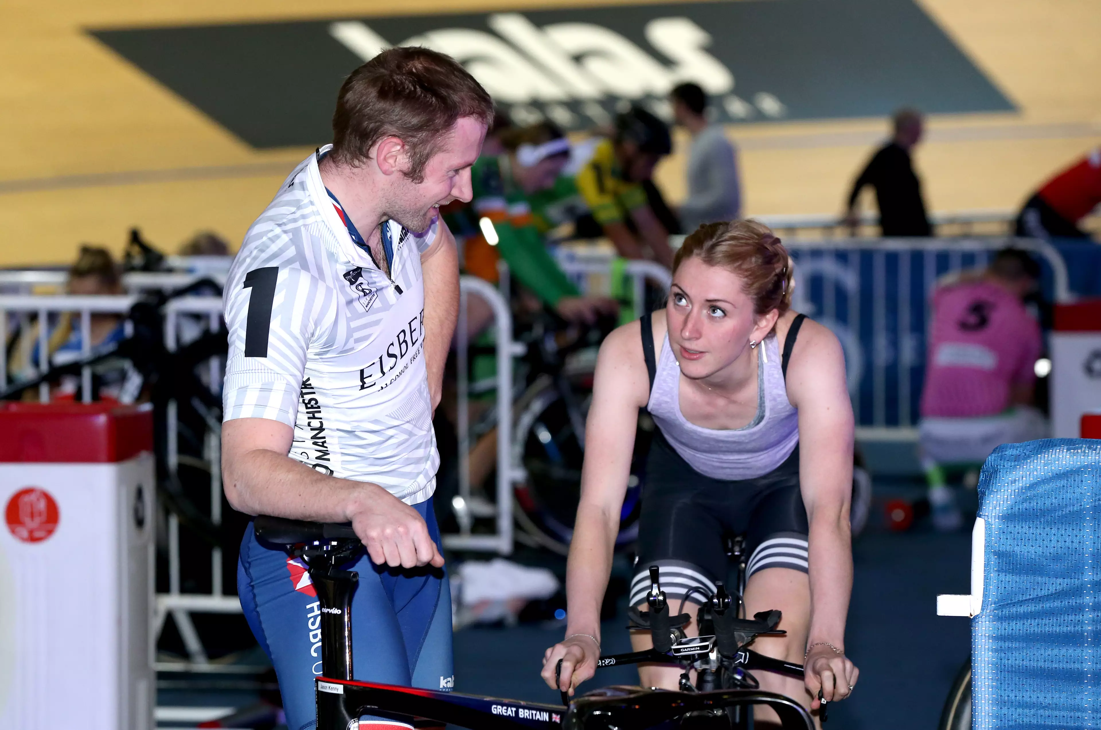 ason Kenny (left) speaks to Laura Kenny during Day Three of the Six Day Series Manchester at the HSBC UK National Cycling Centre in 2019. (