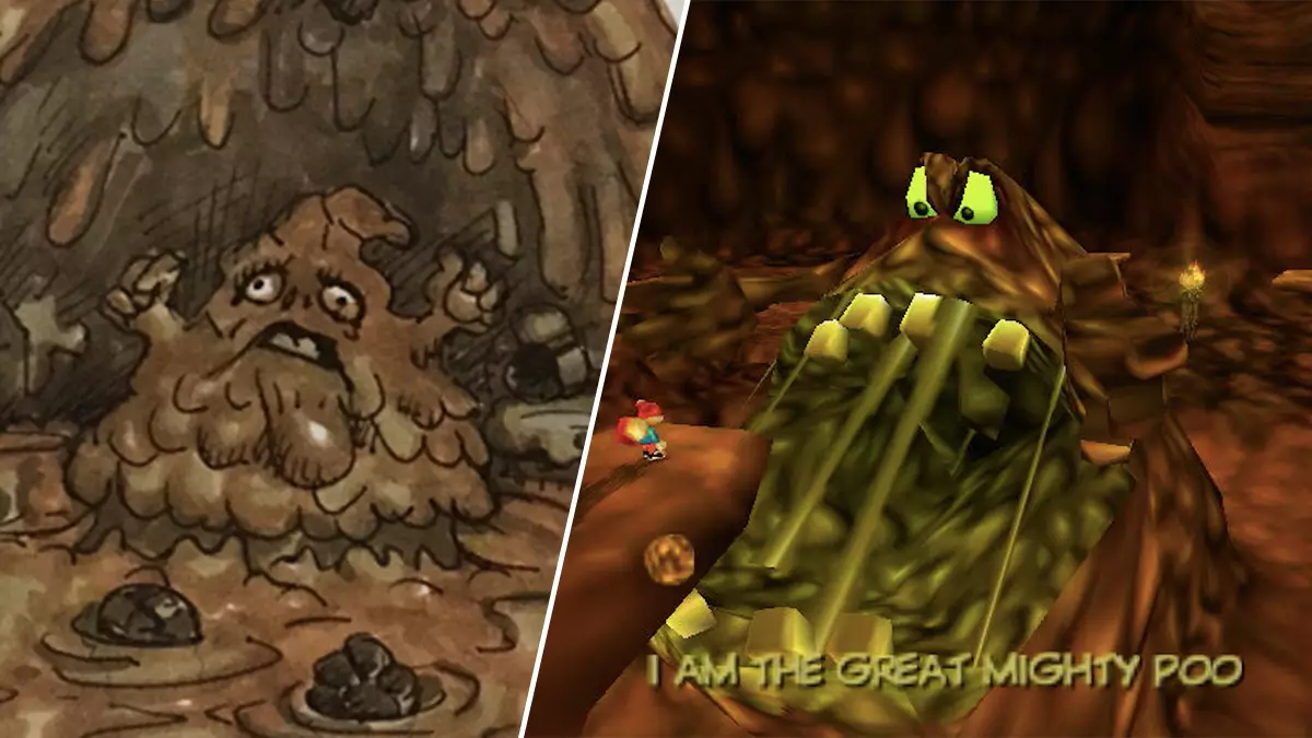 The game's infamous, opera-singing Great Mighty Poo boss, and related concept art