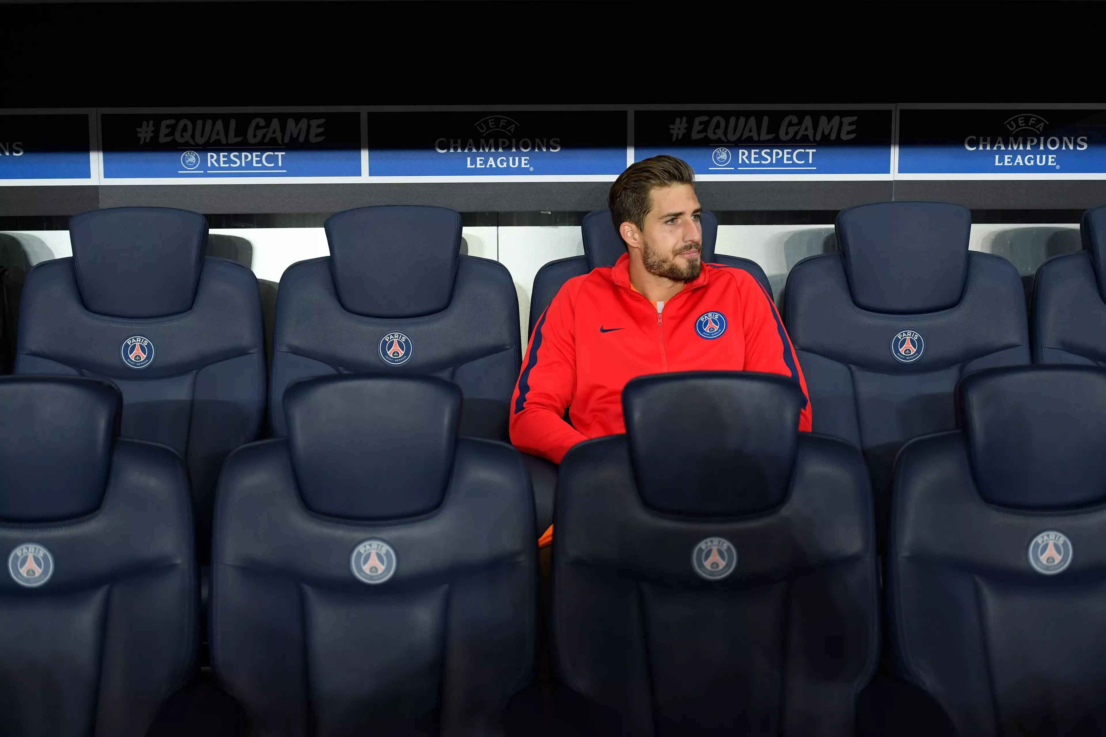 A familiar sight: Kevin Trapp on the bench for PSG this season. Image: PA