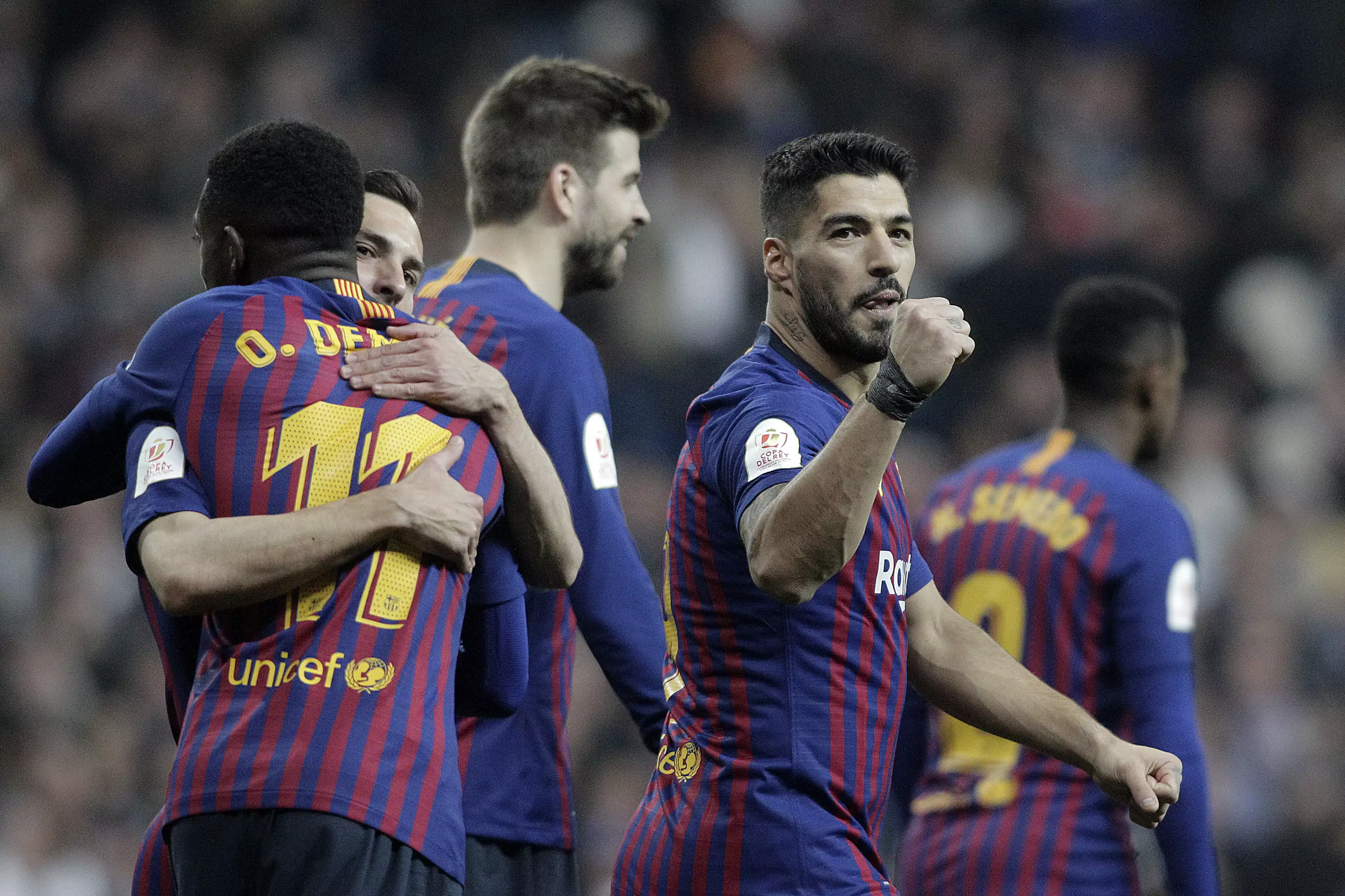 Barca celebrate their goal. Image: PA Images