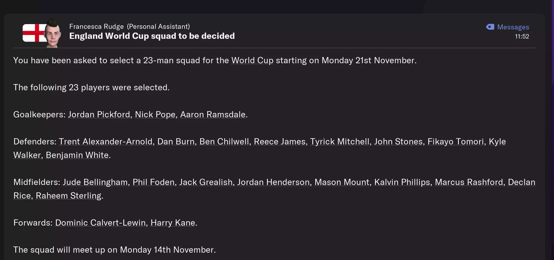 Back in June, FIFA confirmed that the 2022 men's World Cup rosters will be expanded to 26 players, from 23. That rule does not feature on this save.