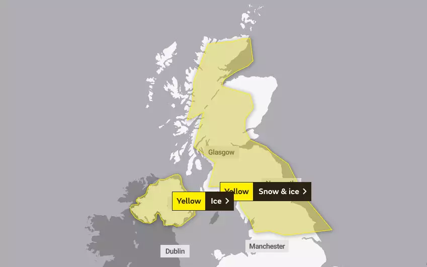 The yellow weather warnings have been issued for snow and ice (