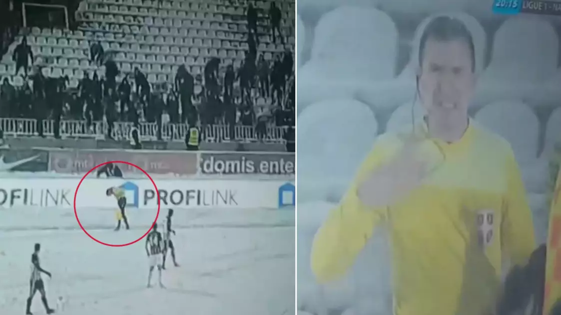 Hundreds Of Partizan Belgrade Fans Throw Snowballs At Assistant Referee