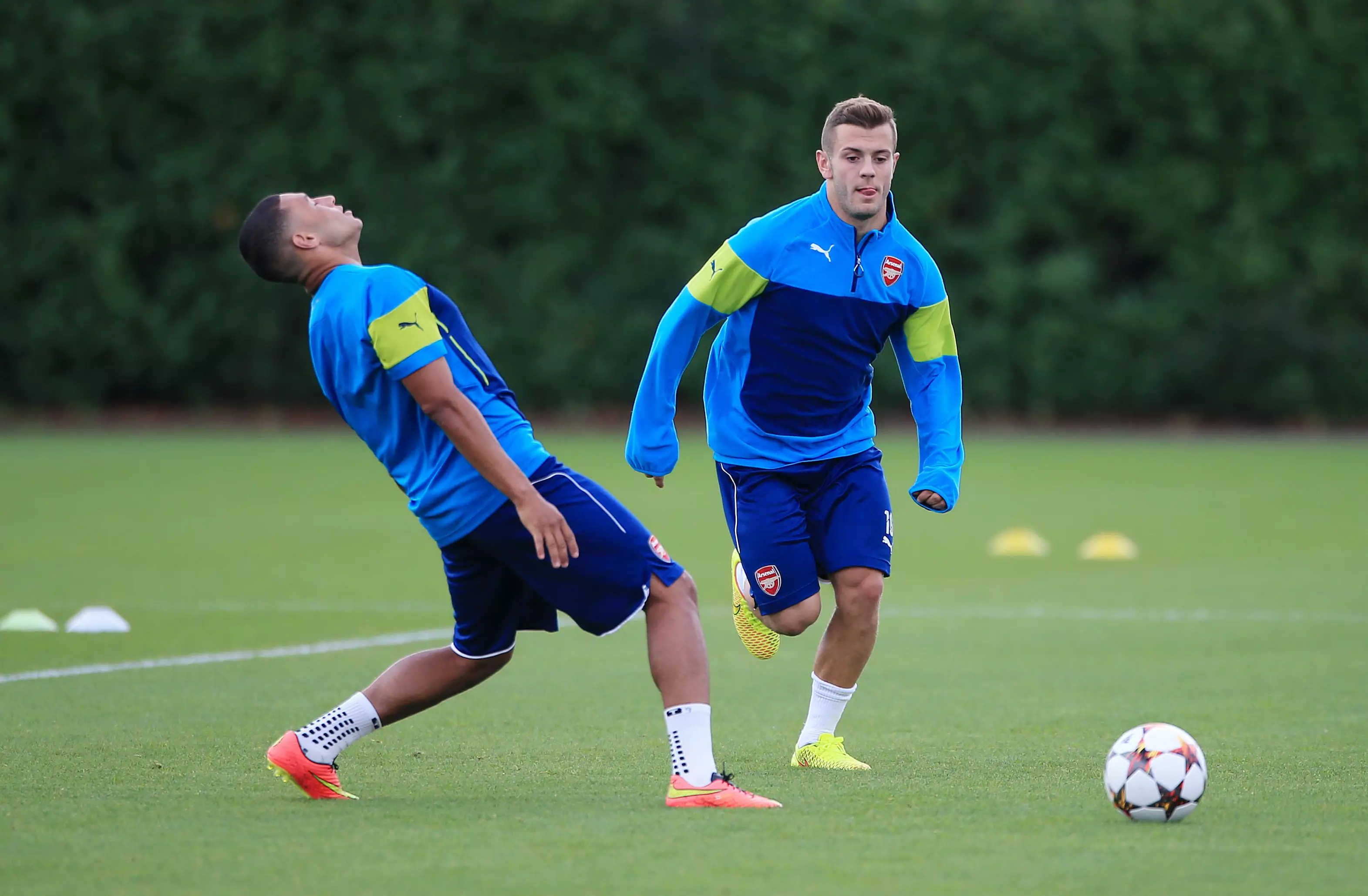Oxlade-Chamberlain and Wilshere during Arsenal training. Image: PA