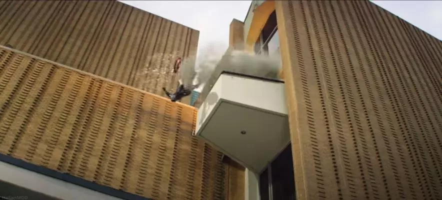 In the clip, Captain America is launched out of a building by the force of an explosion.