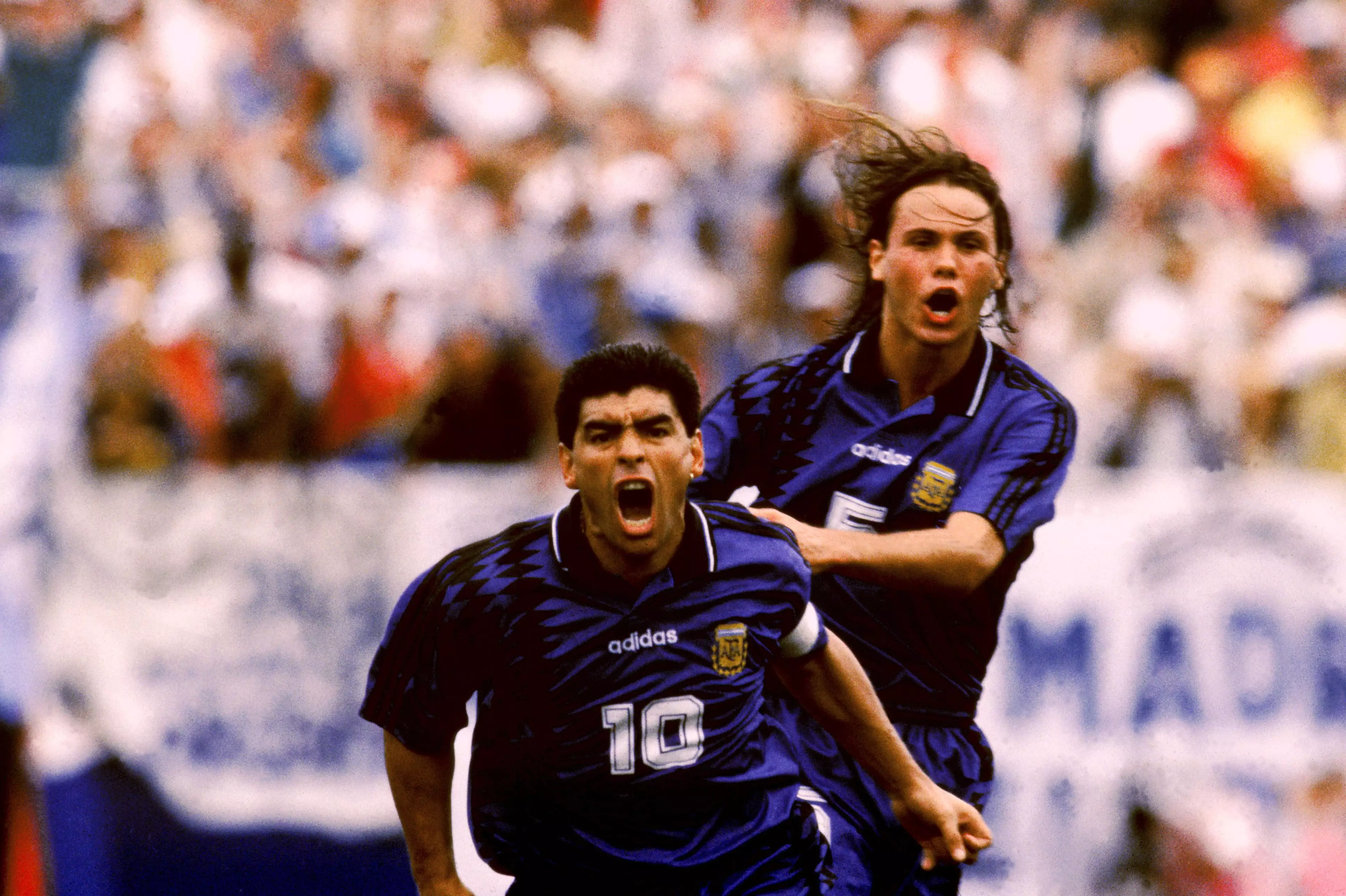 Maradona celebrates his goal at the '94 World Cup. Image: PA Images