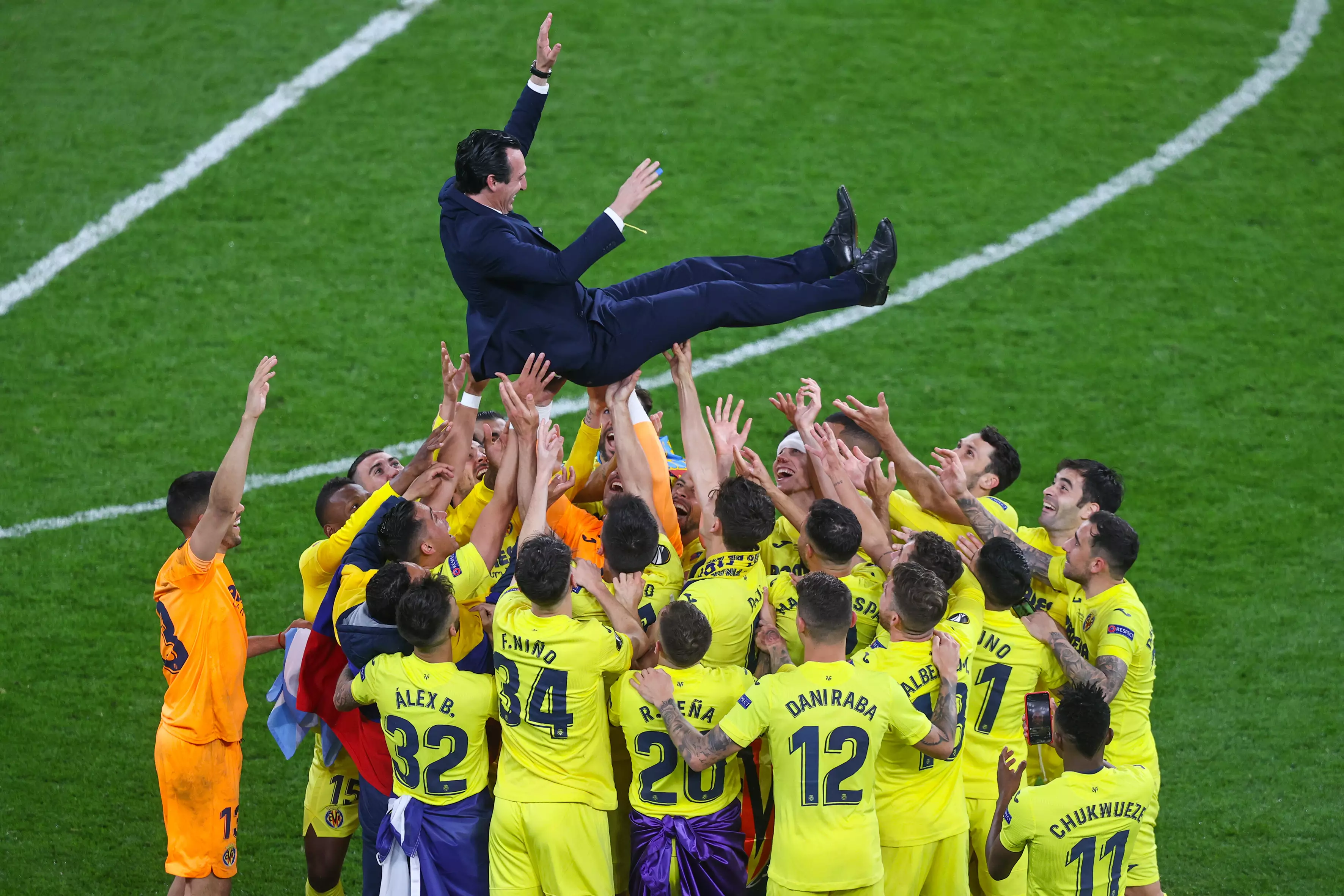 PA: Villarreal celebrate after beating Manchester United in the Europa League Final.