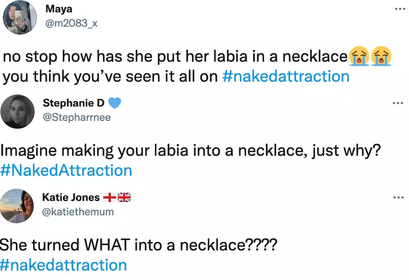 Viewers were both shocked and confused after Tracy debuted her labia necklace on Naked Attraction (