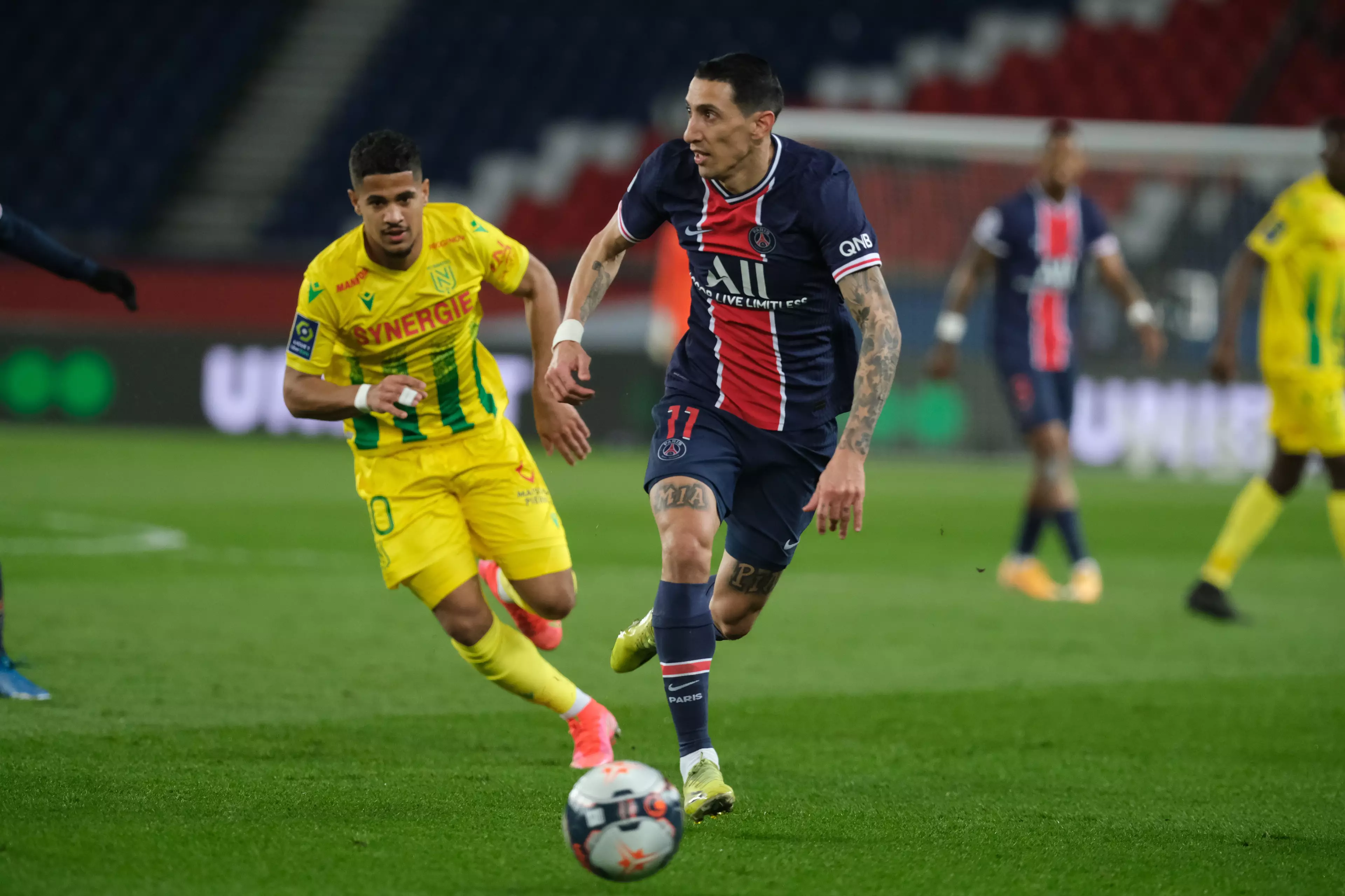 Di Maria playing for PSG before being subbed off. Image: PA Images