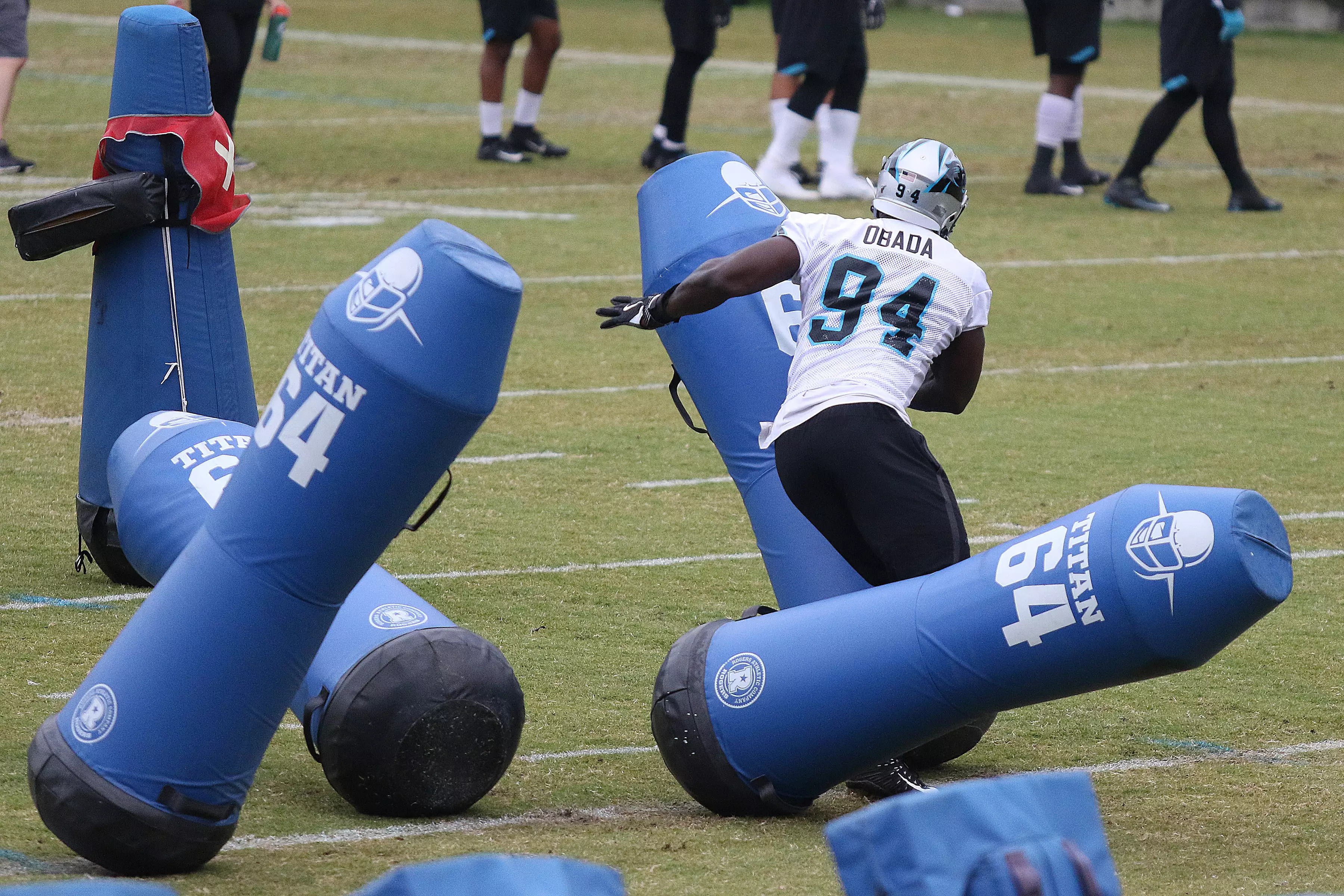Efe Obada puts the work in during a Carolina Panthers practice session