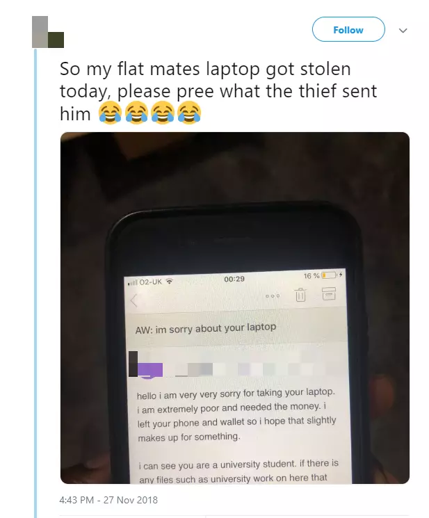 Laptop thief sent email to victim offering to send uni work back.