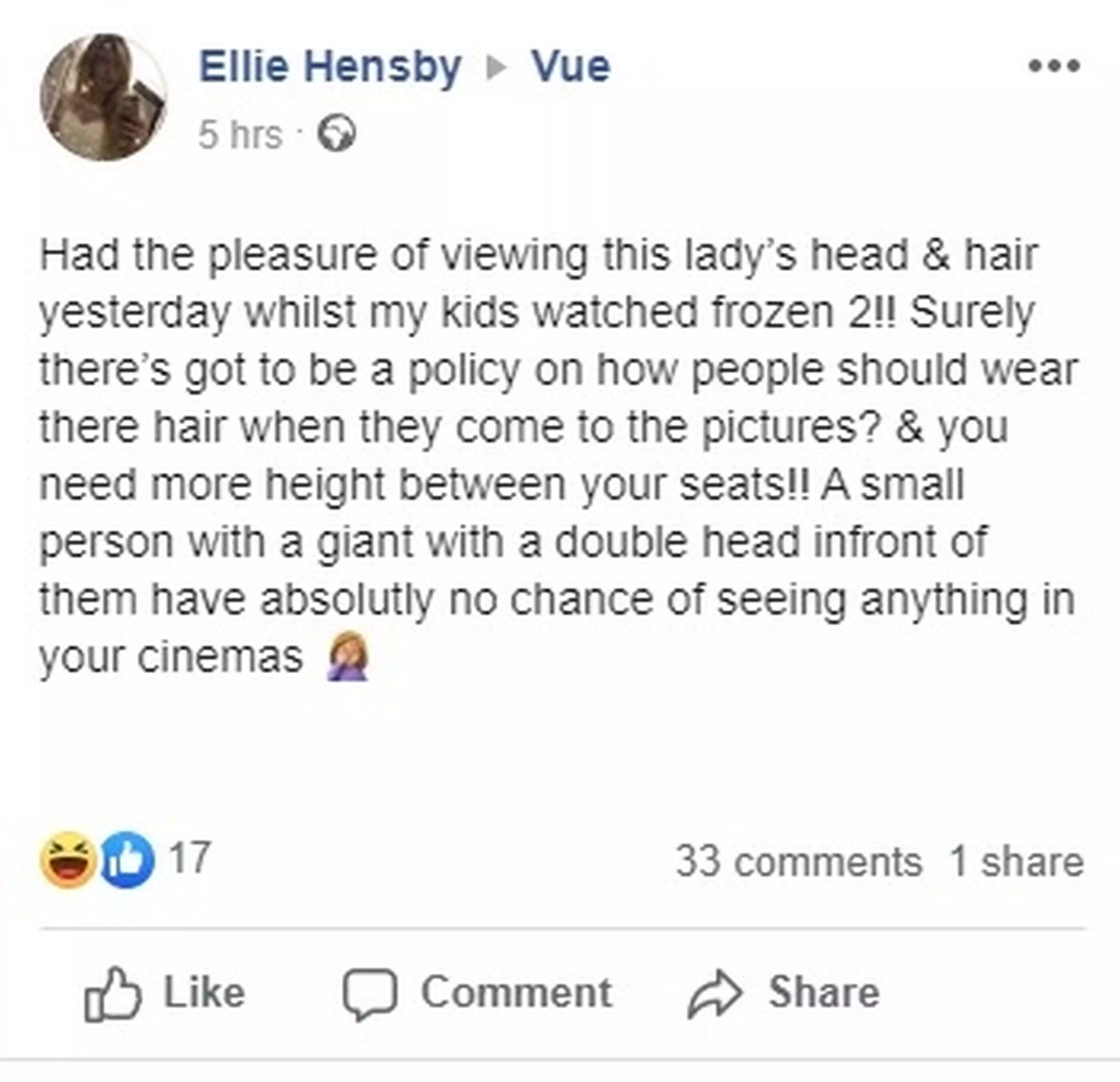 She took to social media to complain about the woman's hair.