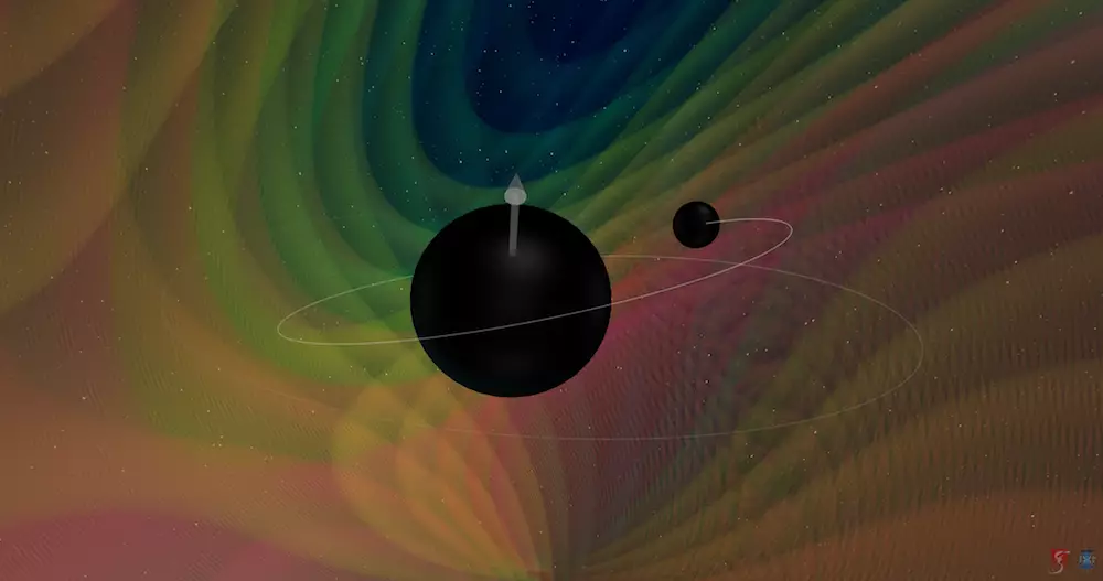 Still image from a numerical simulation of an unequal mass binary black hole merger.