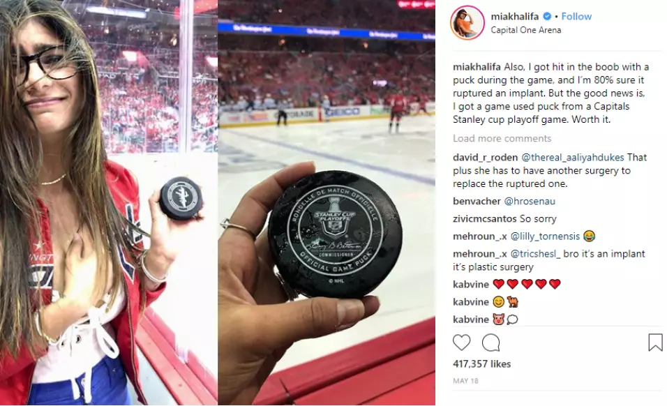 Mia Khalifa's breast implant was damaged by a hockey puck in July.