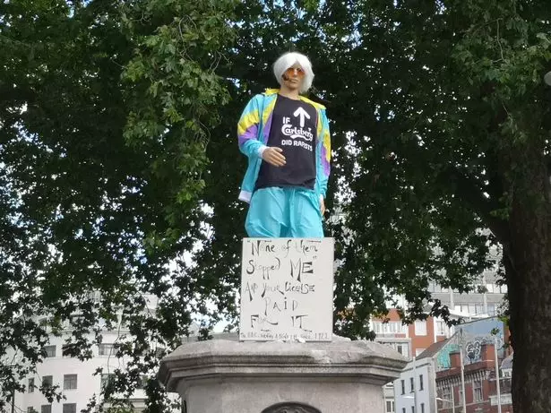 A Jimmy Savile mannequin has been placed on the plinth which held the Edward Colston statue.