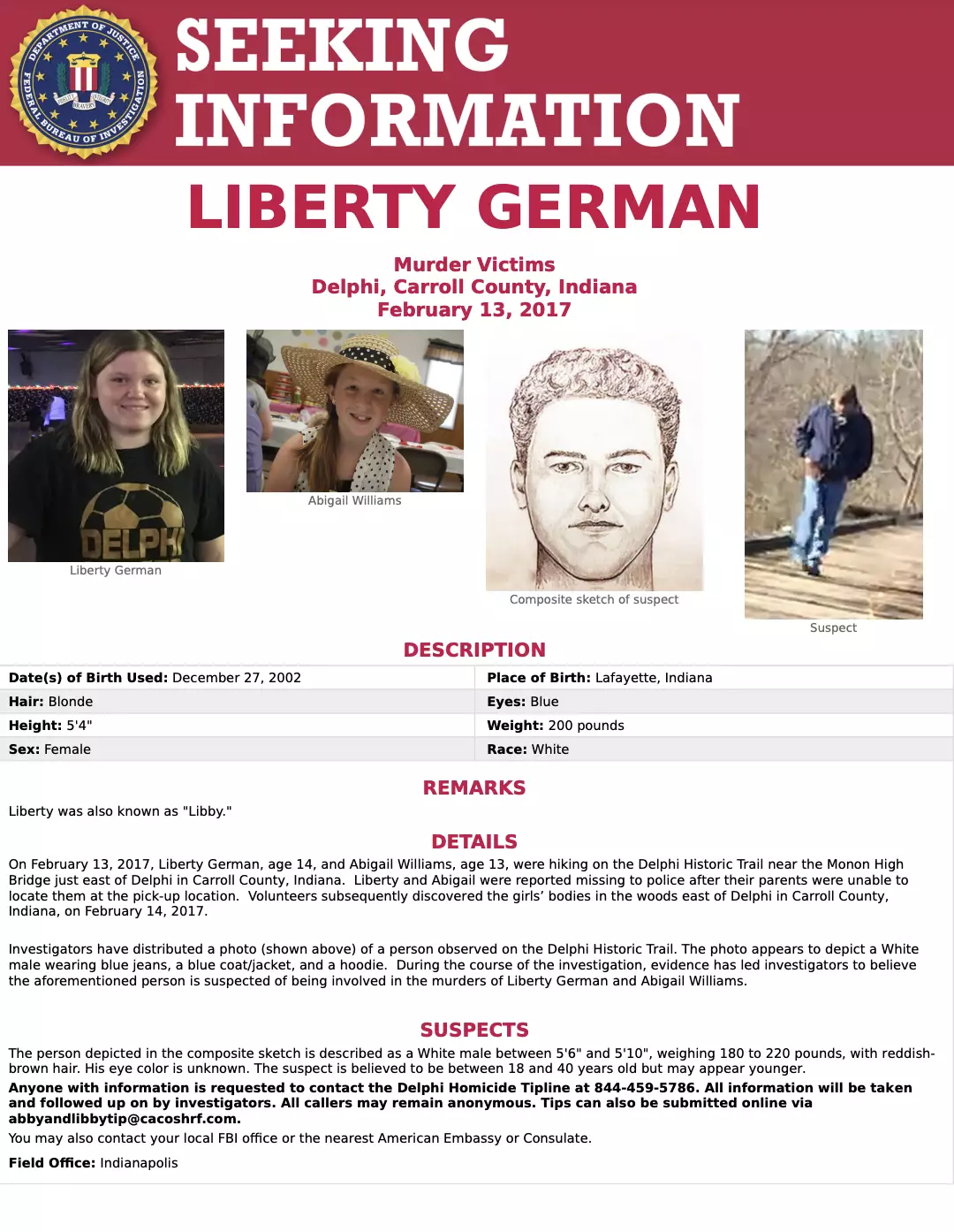 The FBI's appeal to find the person responsible for the murders of Abigail Williams and Liberty German.